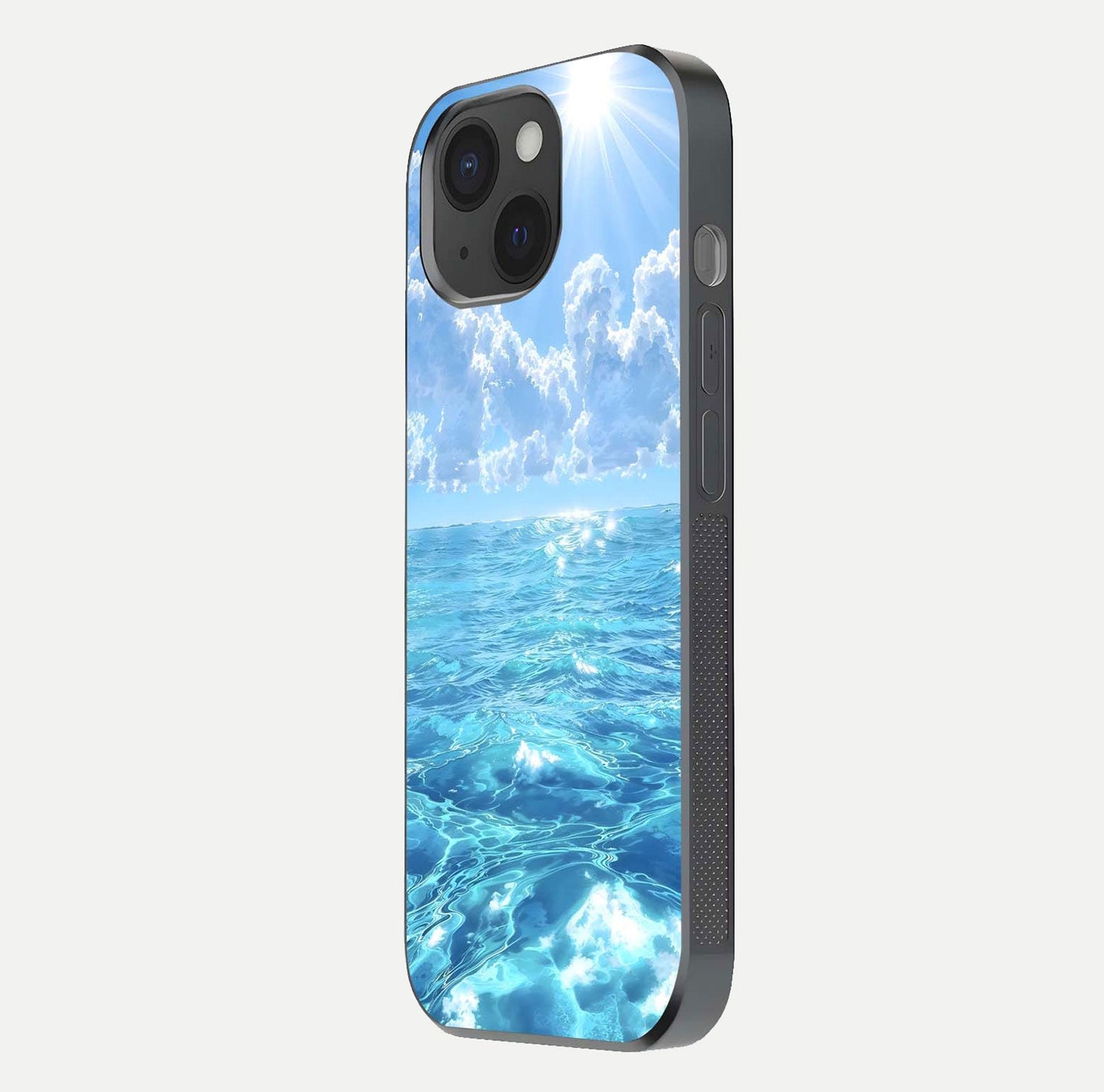 Endless Ocean Horizon Glass Case for iPhone 15 side-angle photo showing reflection glow and wave tone