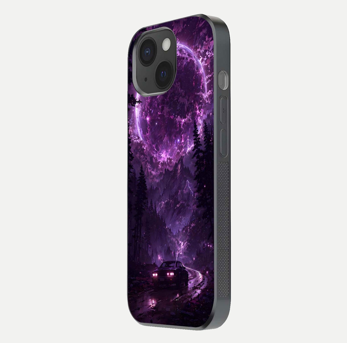 Eternal Cosmic Drive Glass Case for iPhone 15 side-angle image showing reflection texture and color contrast