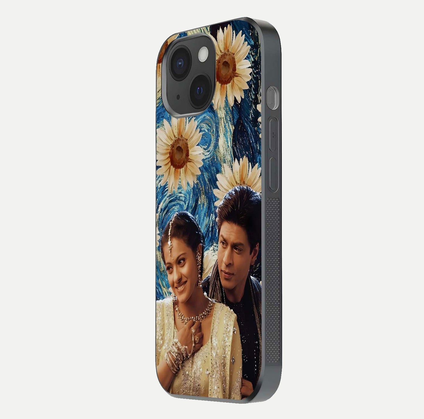 Eternal Love Story Glass Case for iPhone 15 side-angle photo showing curved edges and polished surface