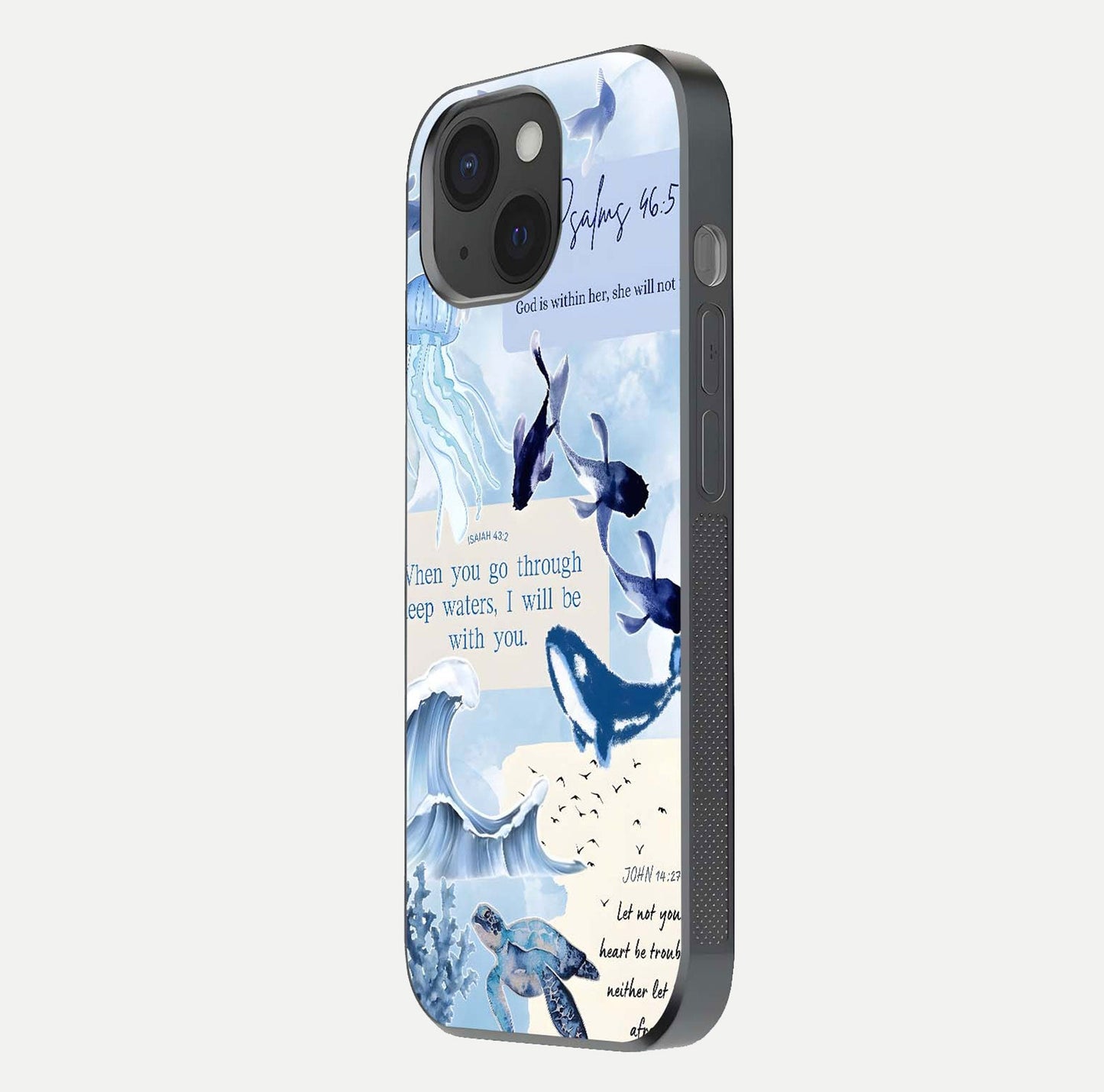 Faithful Ocean Promise Glass Case for iPhone 15 side-angle photo showing reflection glow and color clarity