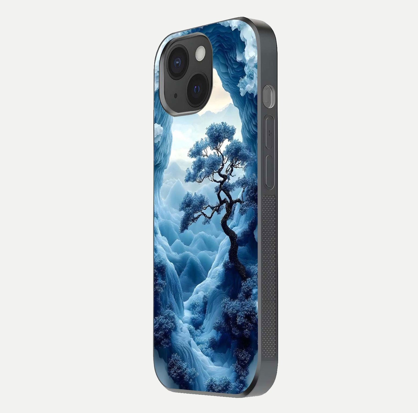 Frozen Serenity Gate Glass Case for iPhone 15 side-angle photo showing reflective surface and cold tones