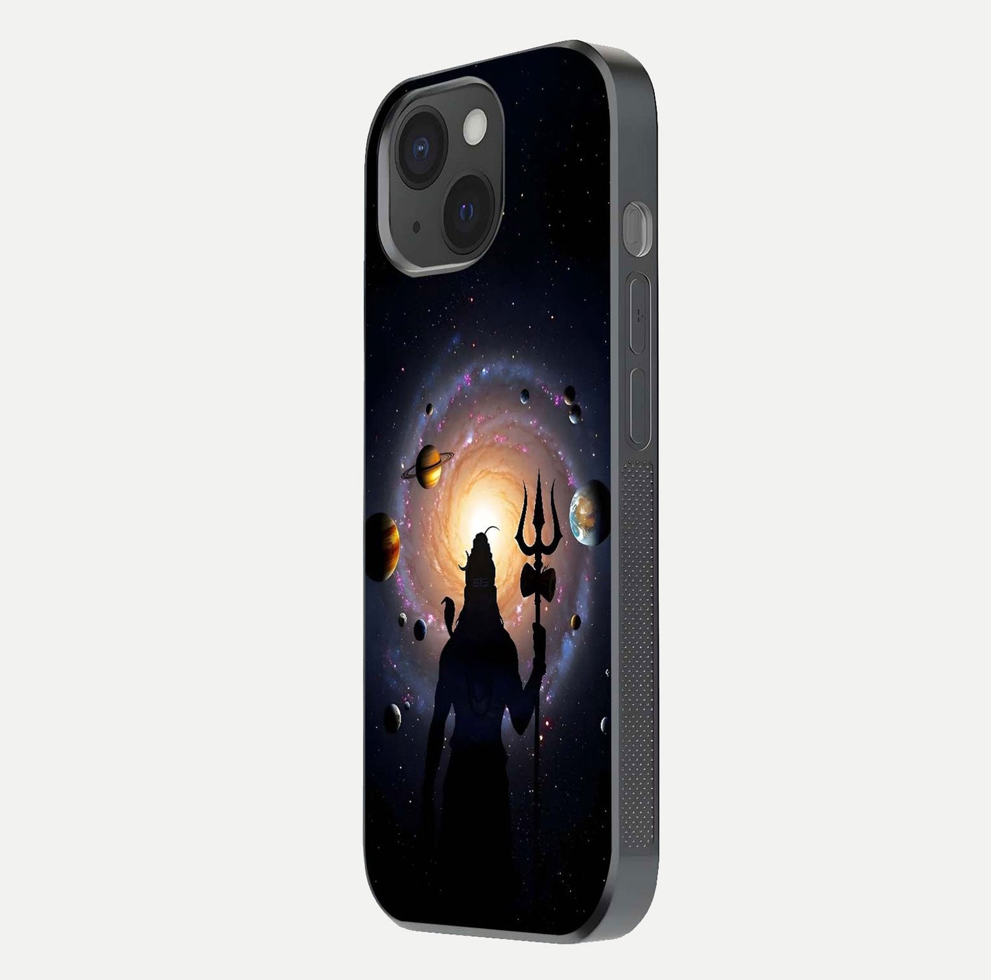 Galactic Shiva Vision Glass Case for iPhone 15 side-angle image showing light reflection, glass edges, and spiritual cosmic theme
