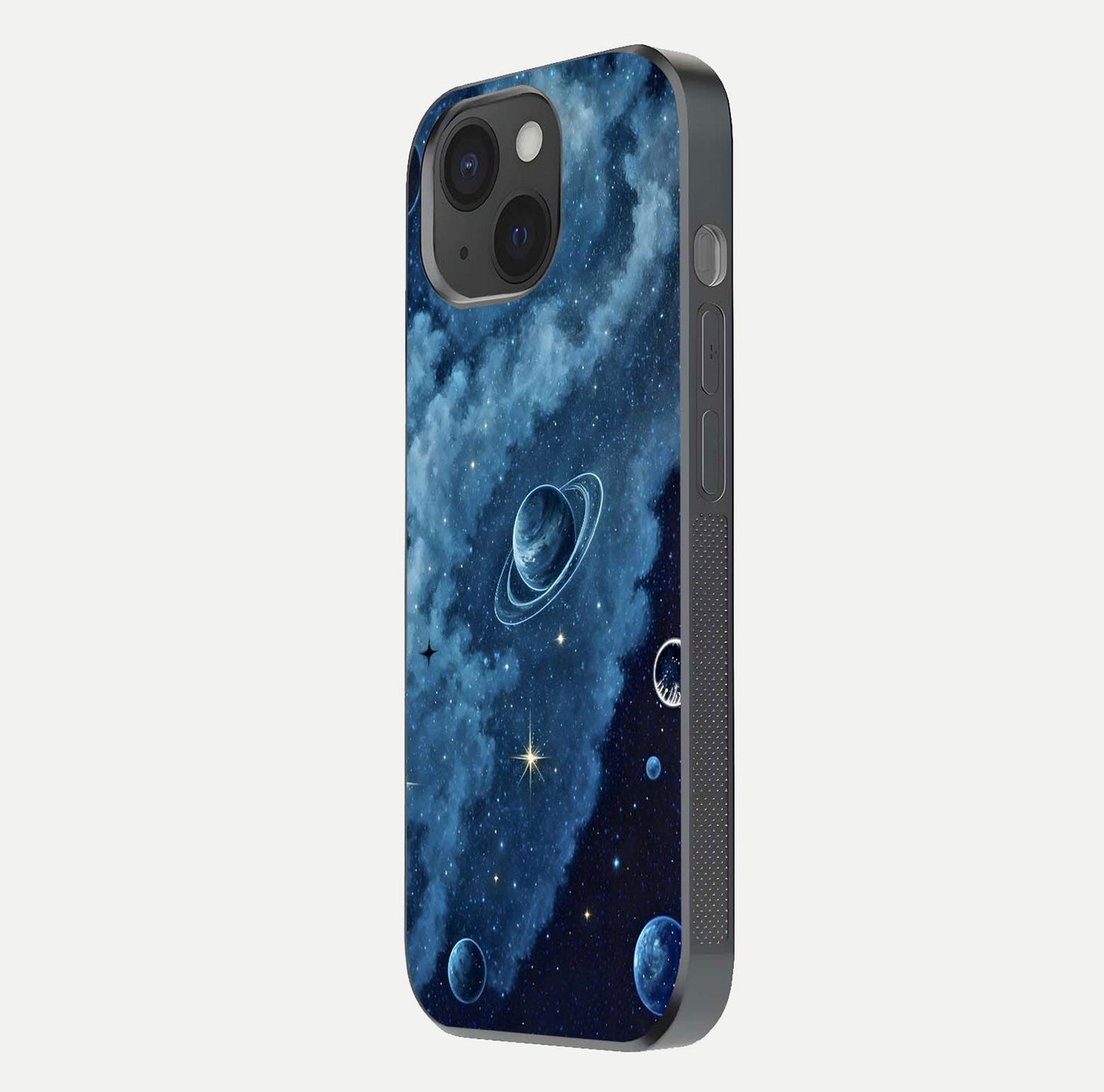 Galaxy Dream Space Glass Case for iPhone 15 side-angle image capturing reflection clarity and galactic texture