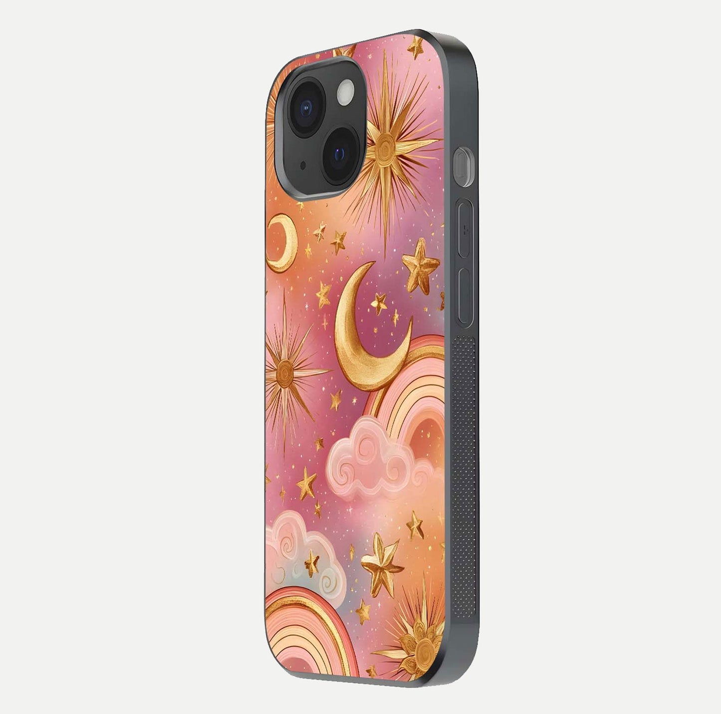 Golden Celestial Dreams Glass Case for iPhone 15 side-angle image capturing reflection brightness and starry detail