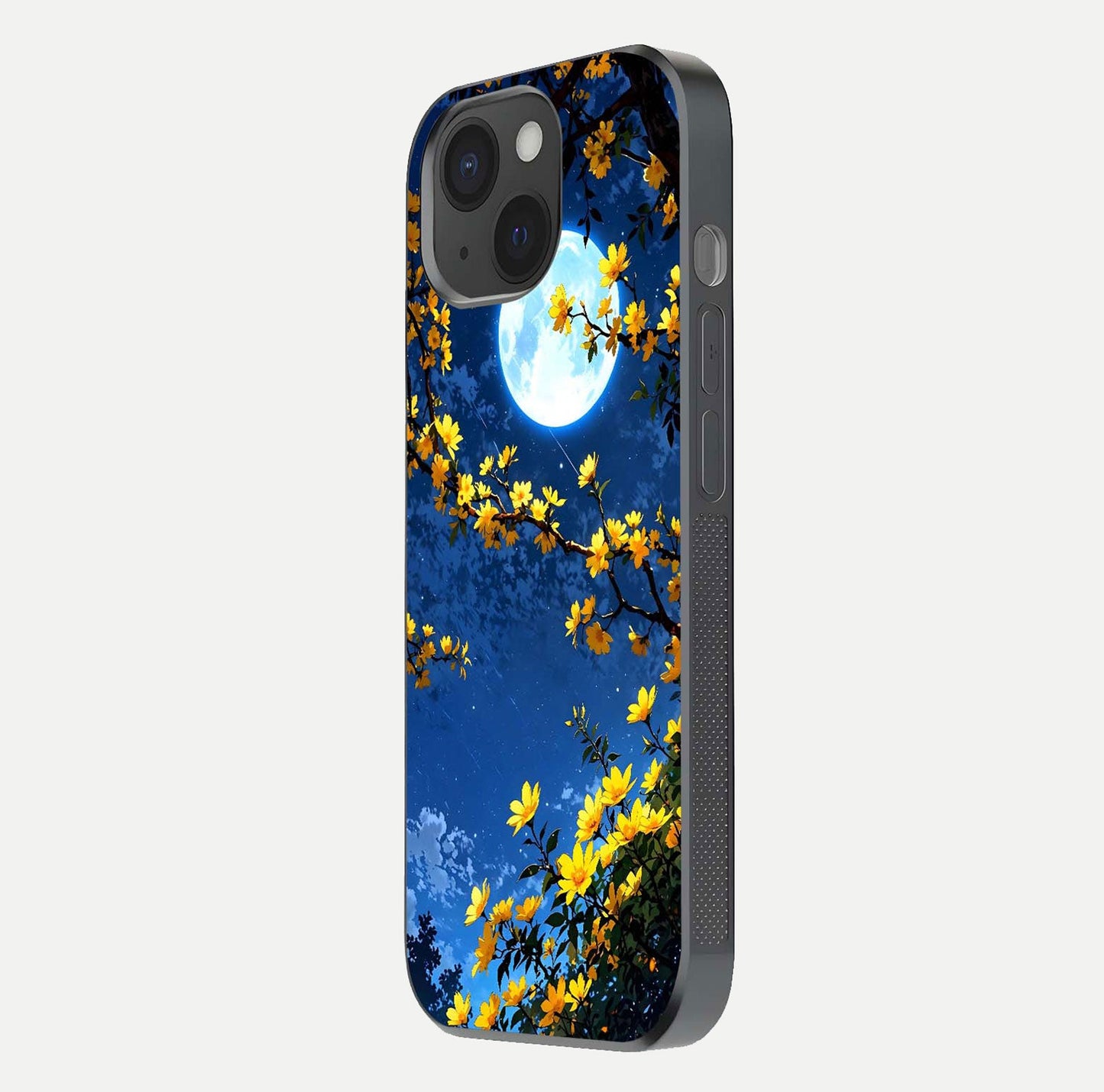 Golden Night Glow Glass Case for iPhone 15 side-angle image showing reflection clarity and elegant golden tone