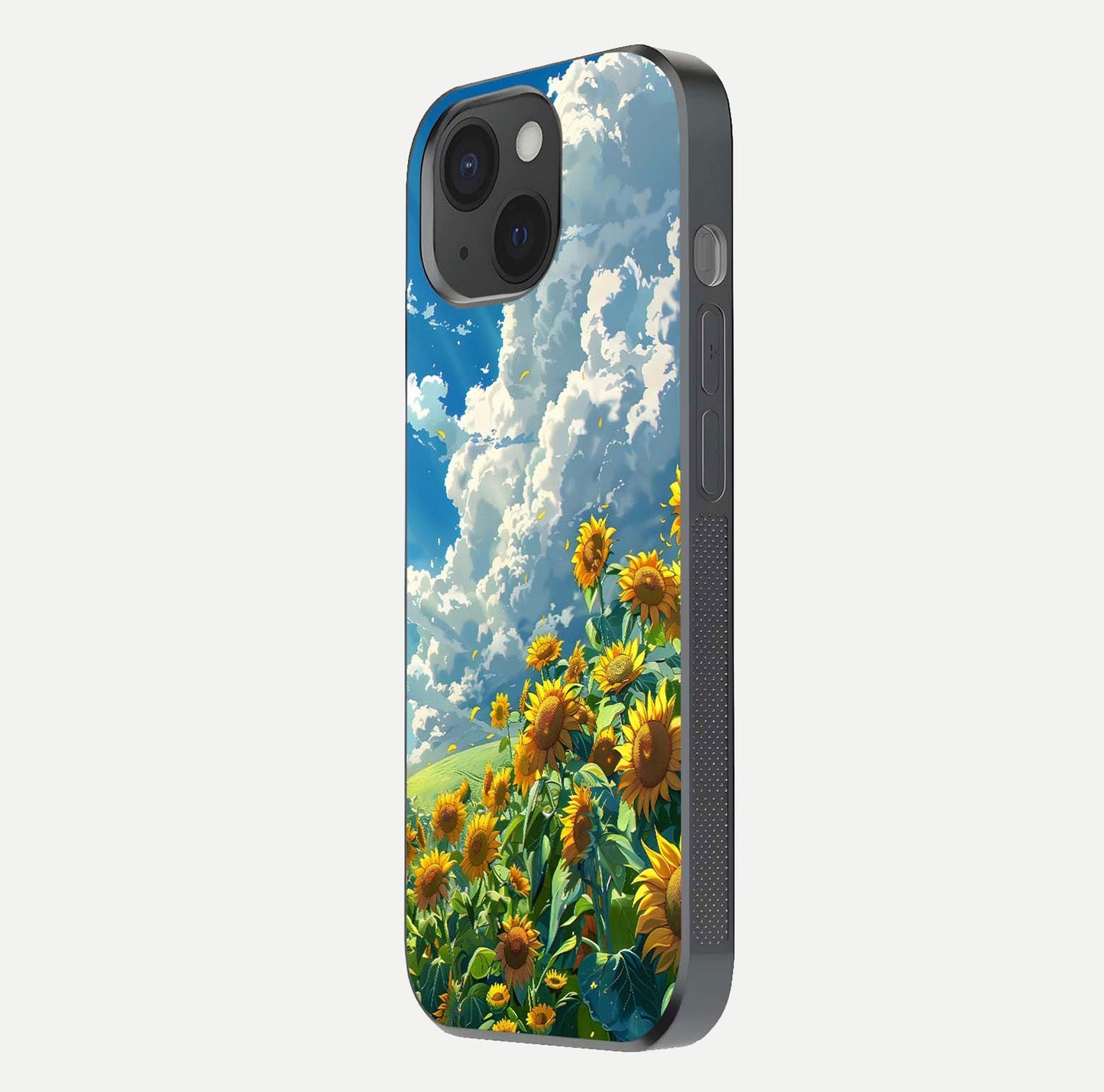 Golden Sun Glory Glass Case for iPhone 15 side-angle image showing reflection glow and luminous texture