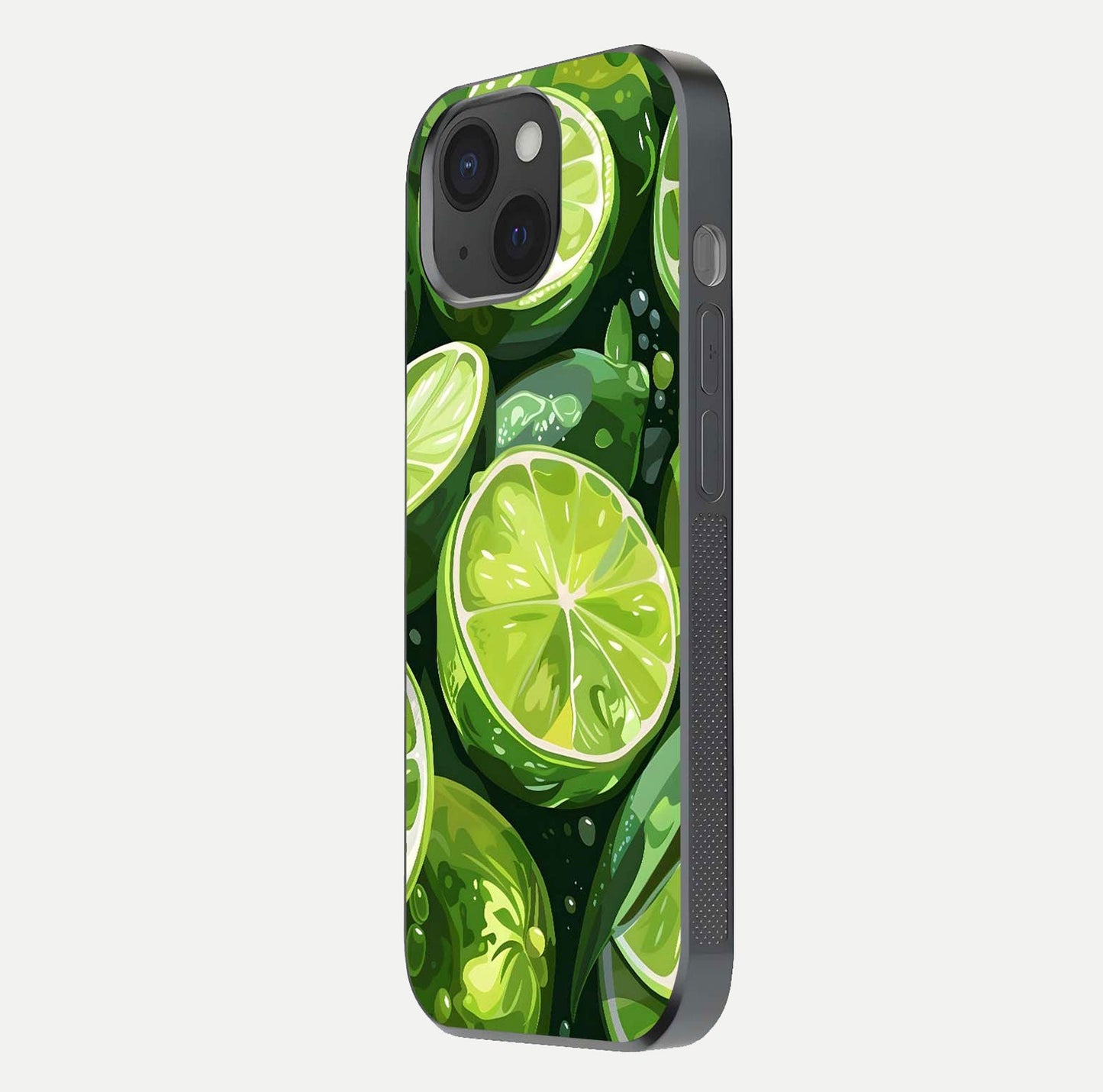 Green Lemon Glass Case for iPhone 15 side-angle image showing reflection glow and juicy color tones