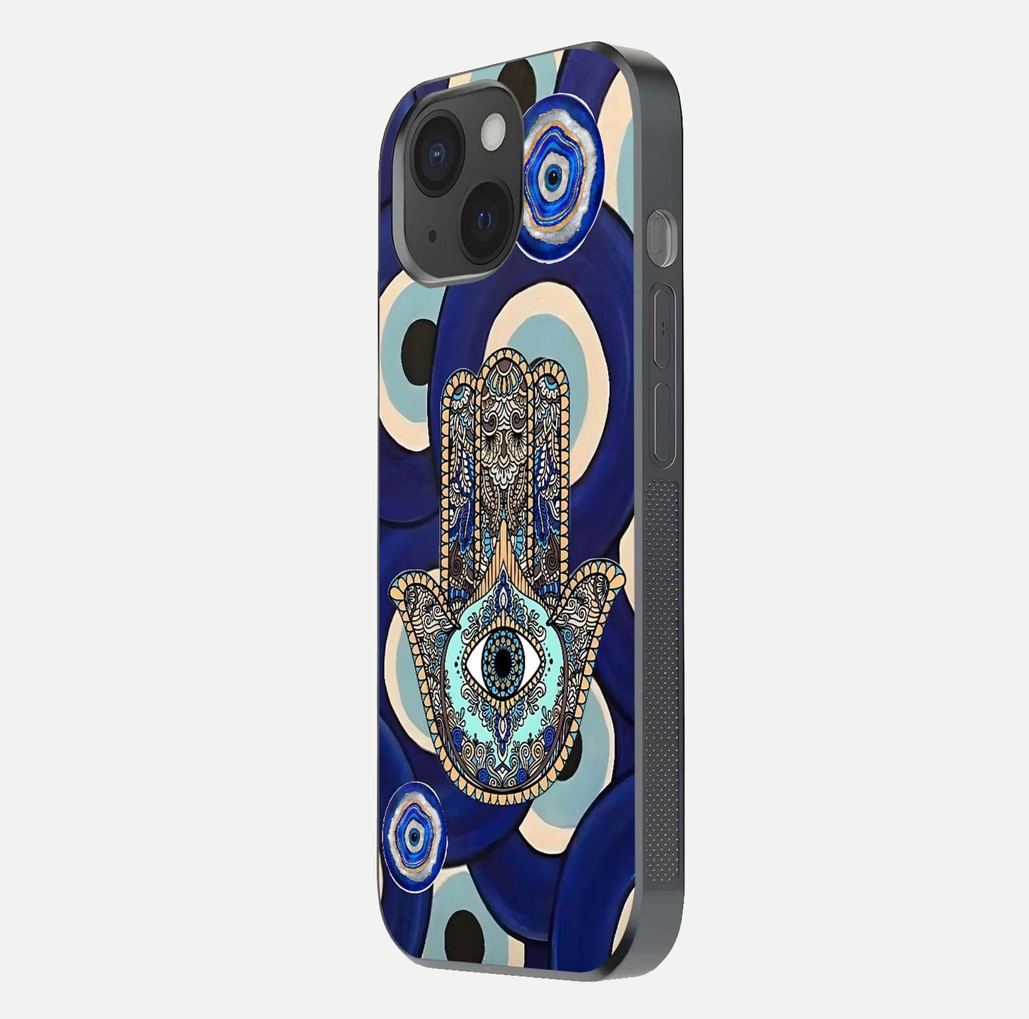Hamsa Divine Guard Glass Case for iPhone 15 side-angle image showing reflection brilliance and protective design