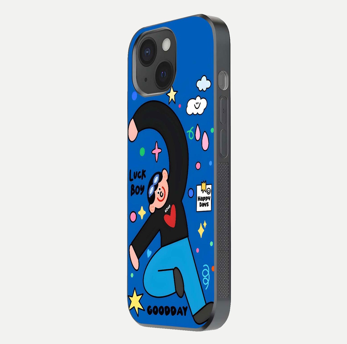 Happy Luck Vibe Glass Case for iPhone 15 side-angle image showing reflection polish and vivid charm design