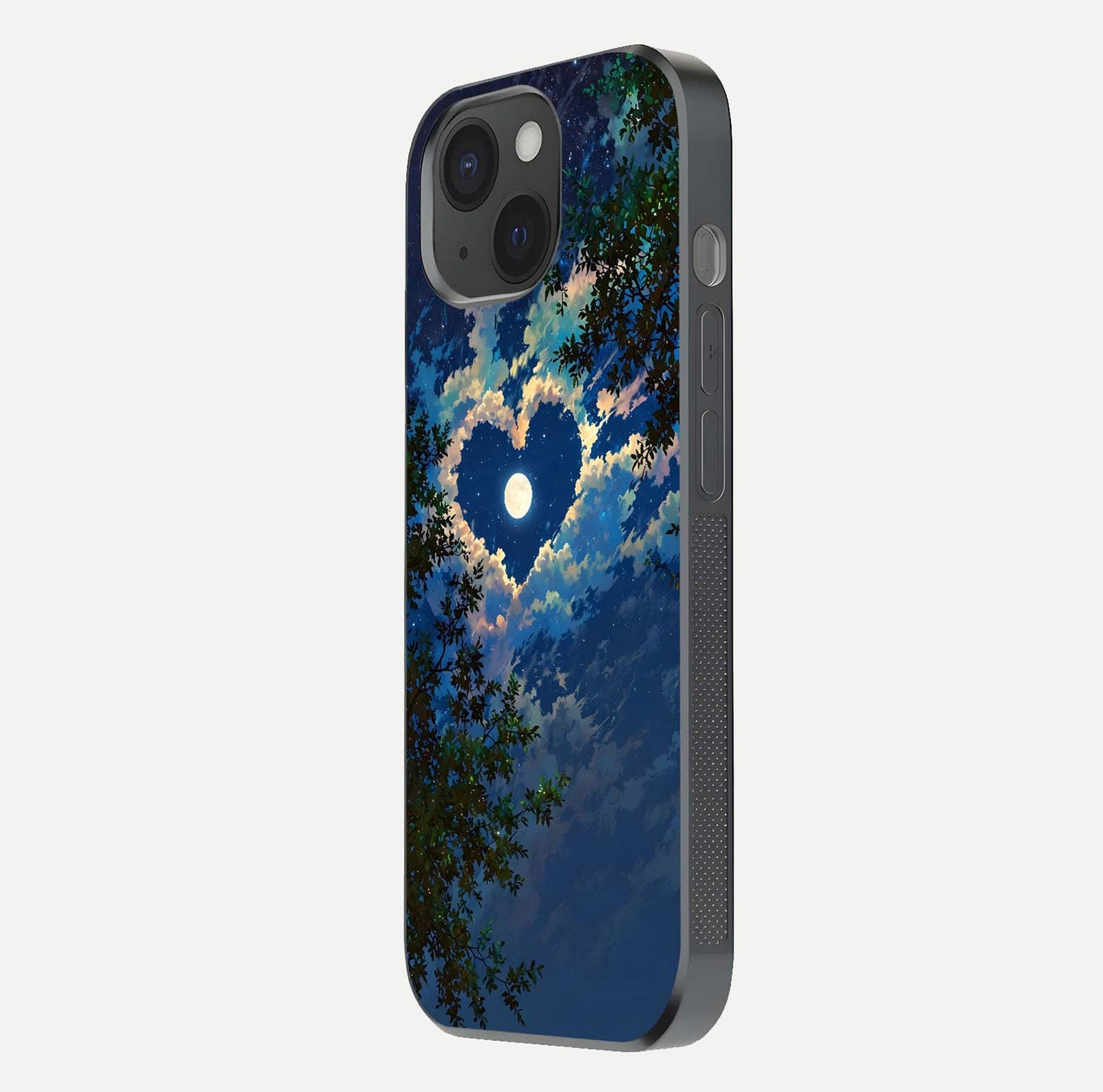 Heart with Moon Sky Glass Case for iPhone 15 side-angle image showing reflection brightness and soft tone finish