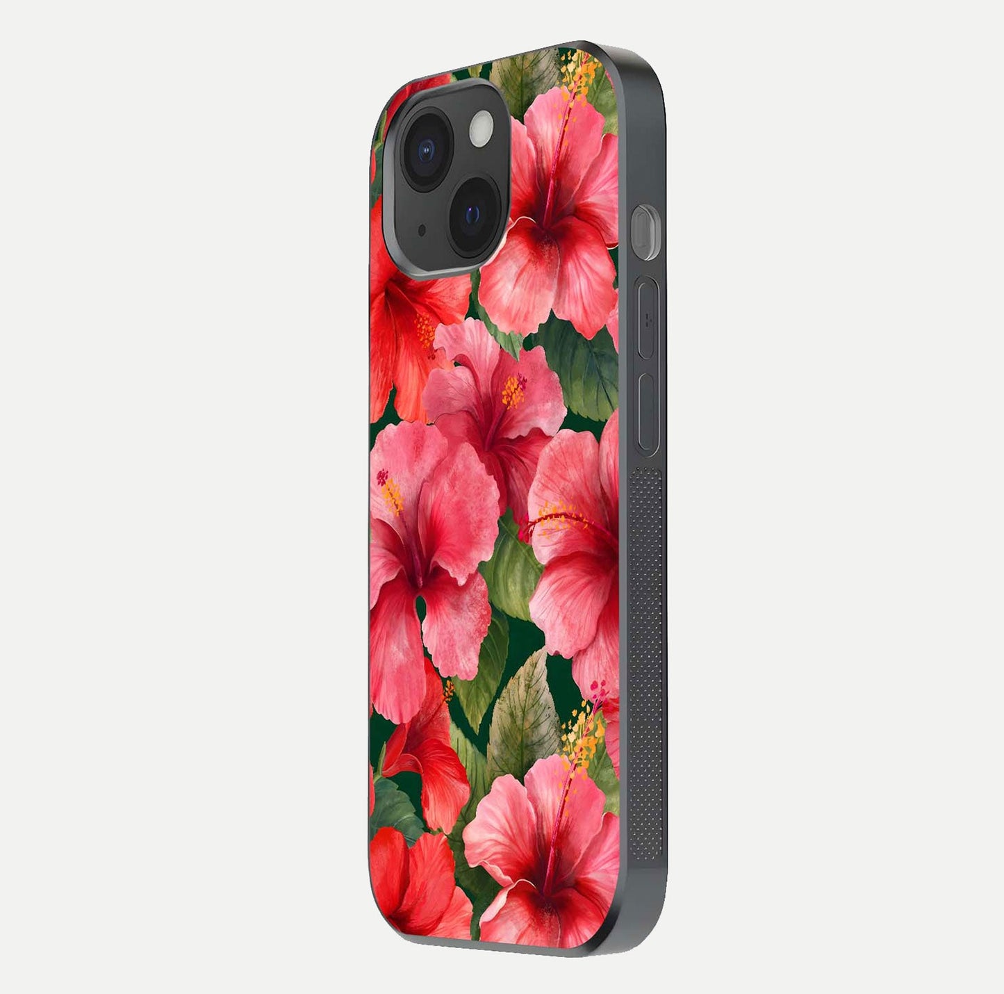 Hibiscus Pattern Glass Case for iPhone 15 side-angle image showing reflection brightness and floral detailing