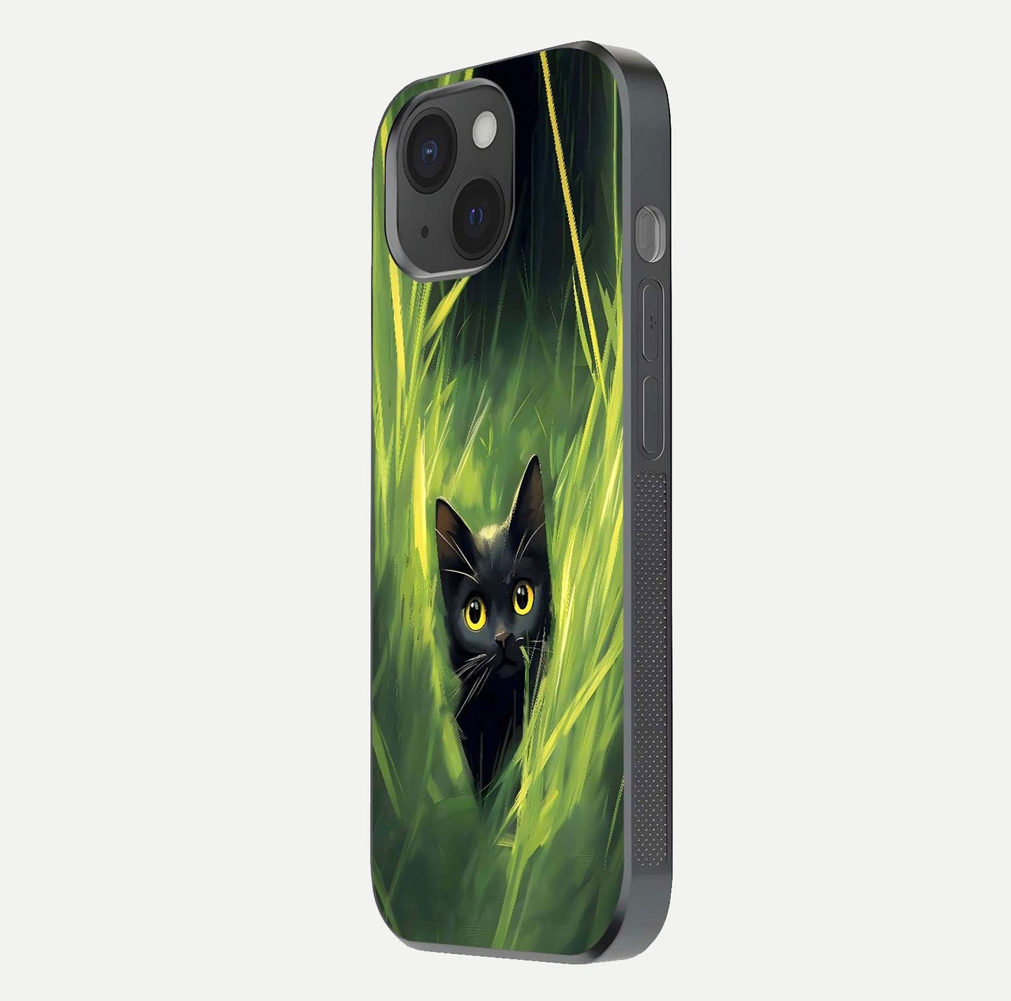 Hidden Cat Whisper Glass Case for iPhone 15 side-angle image showing reflection glow and subtle artistic texture
