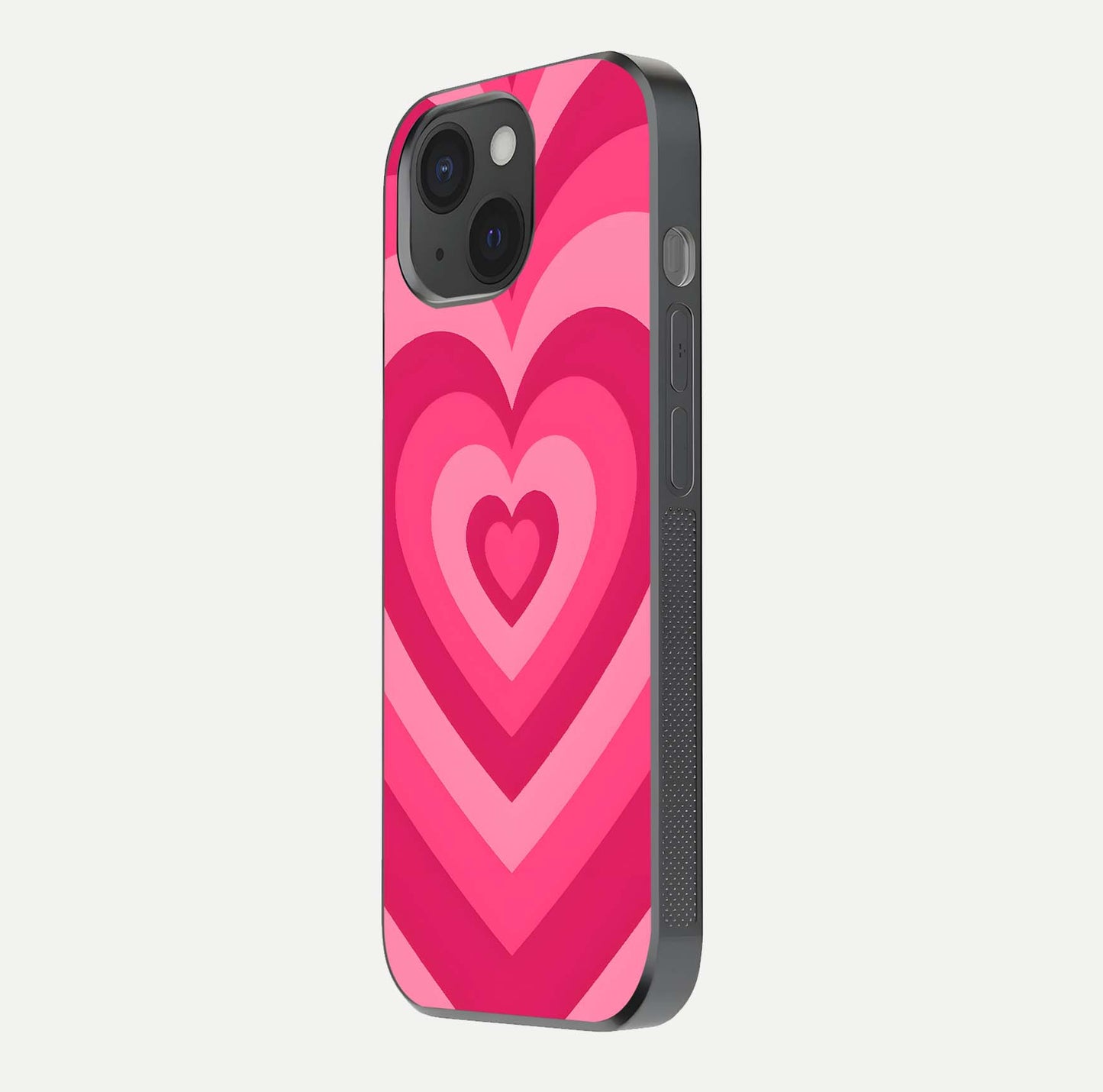 Layered Love Hearts iPhone 15 glass phone case side profile view focusing on sleek edges and seamless wrap
