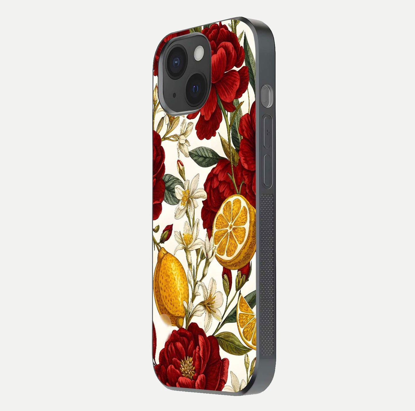 Lemon Rose Charm Glass Case for iPhone 15 side-angle image revealing reflection depth and vibrant flower art