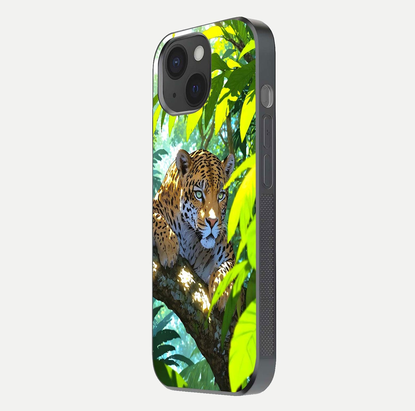 Leopard in Jungle Glass Case for iPhone 15 side-angle shot emphasizing contrast and fierce design clarity