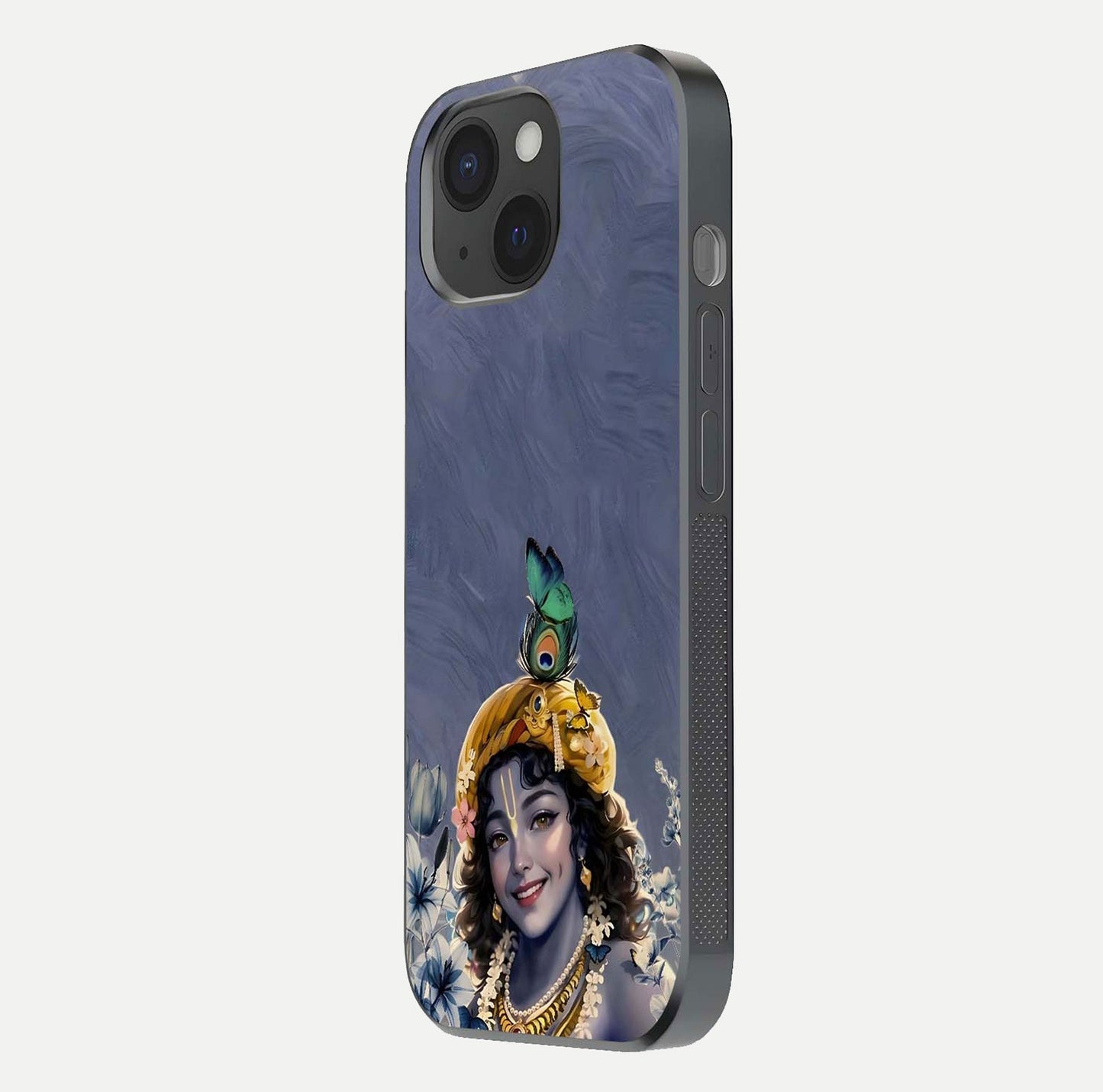 Lord Krishna Glass Case for iPhone 15 side-angle image emphasizing premium reflection and sacred motif