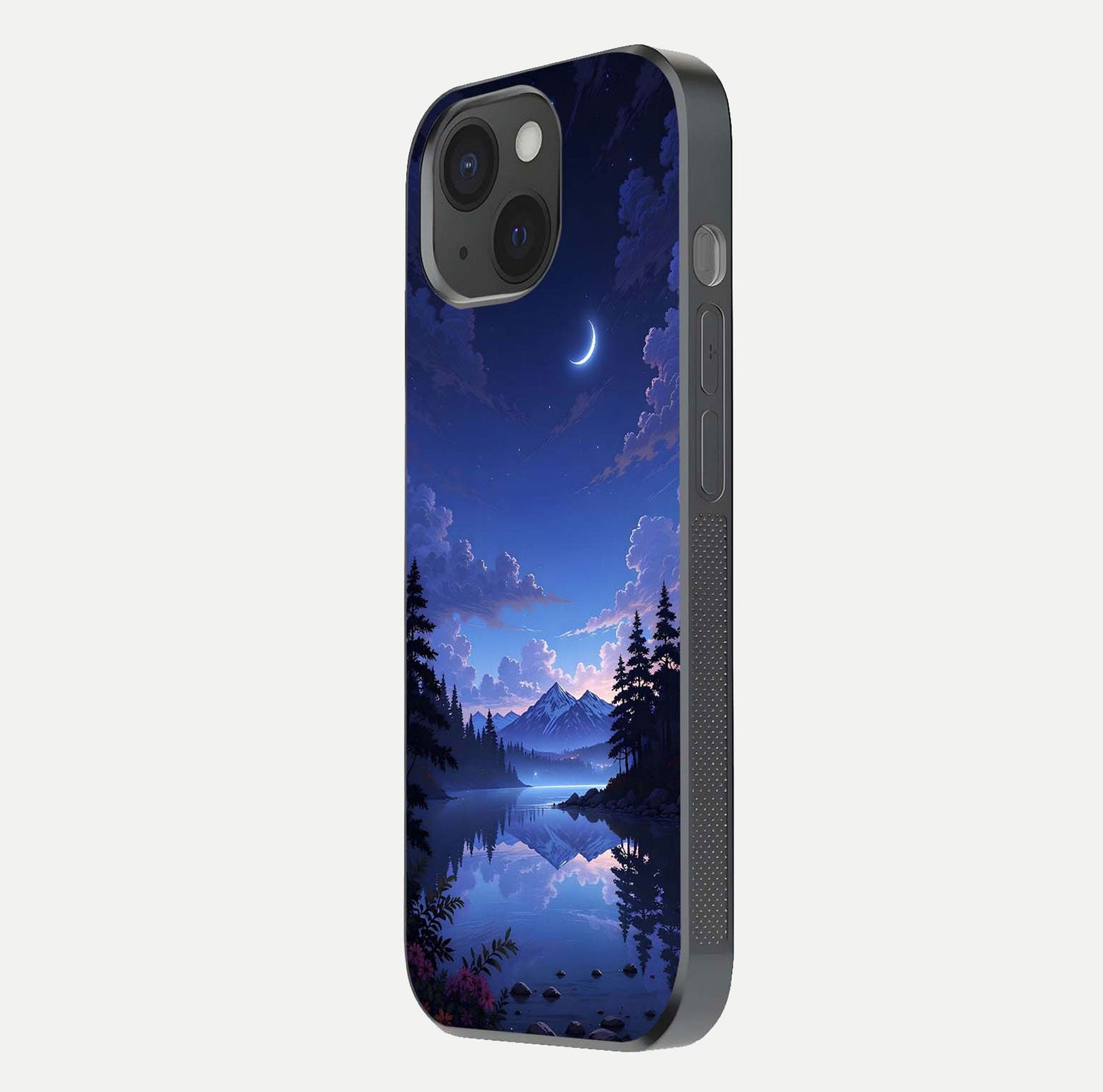 Midnight Lake Peace Glass Case for iPhone 15 side-angle image showing HD shine and tranquil color tones