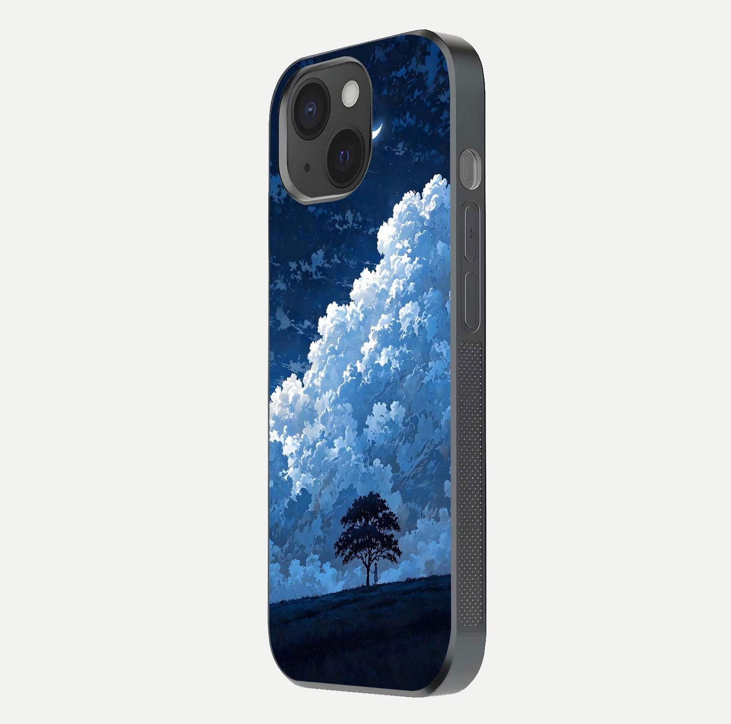 Midnight Sky Serenity Glass Case for iPhone 15 side-angle image showing soft glow and smooth reflection