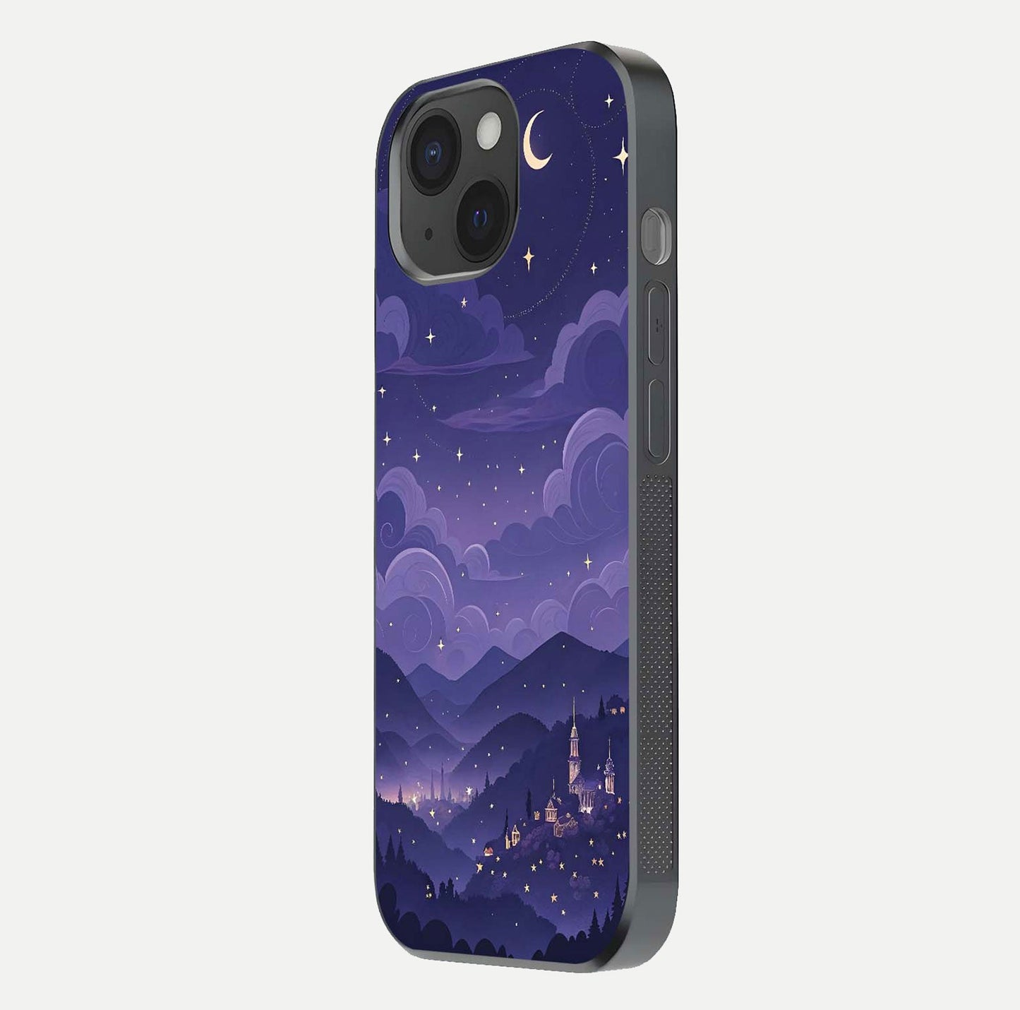 Minimal Night View Glass Case for iPhone 15 side-angle image showing subtle reflection and urban design