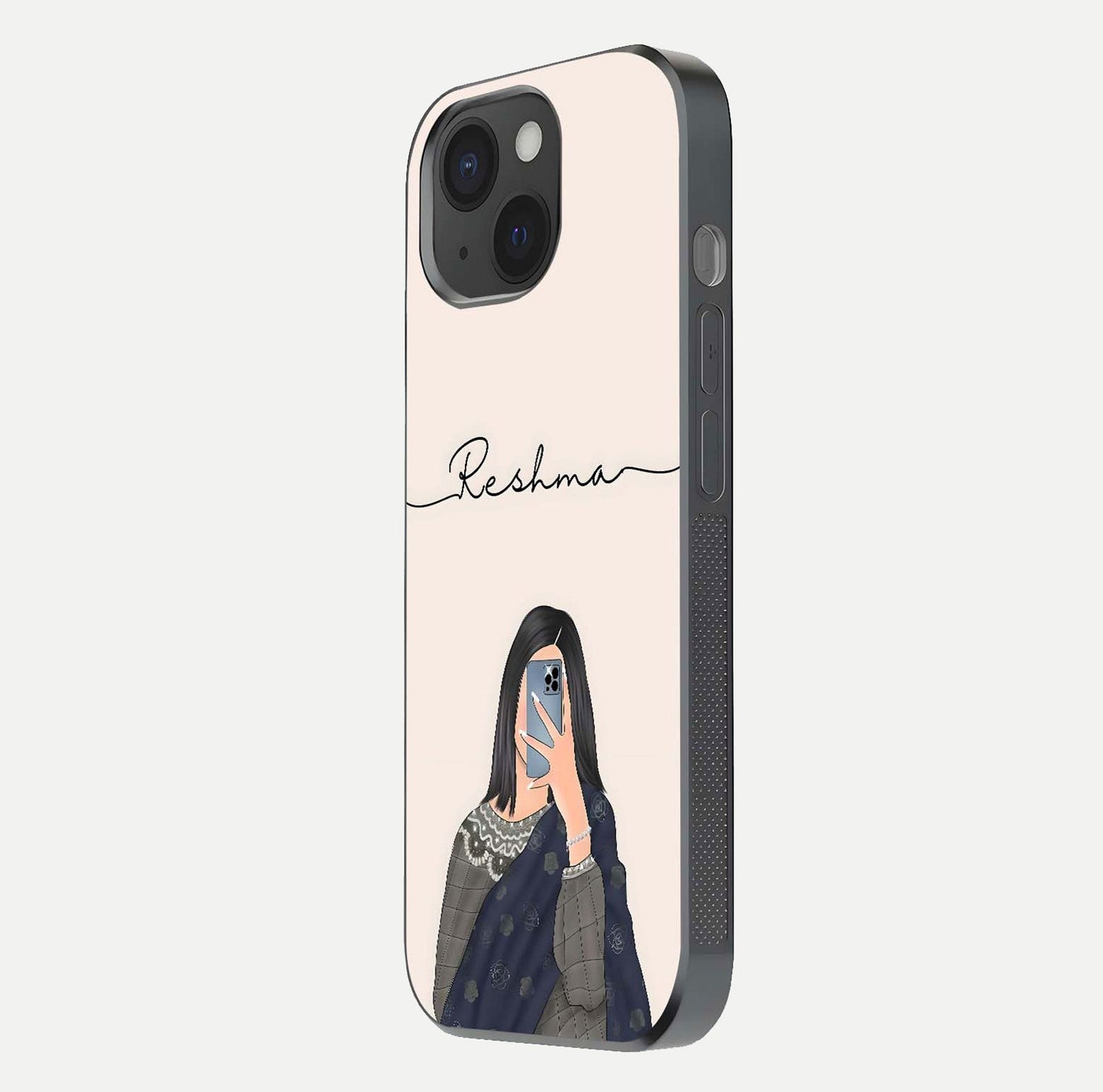 Mirror Mood Muse Custom Name Glass Case for iPhone 15 side-angle image emphasizing glossy mirror texture