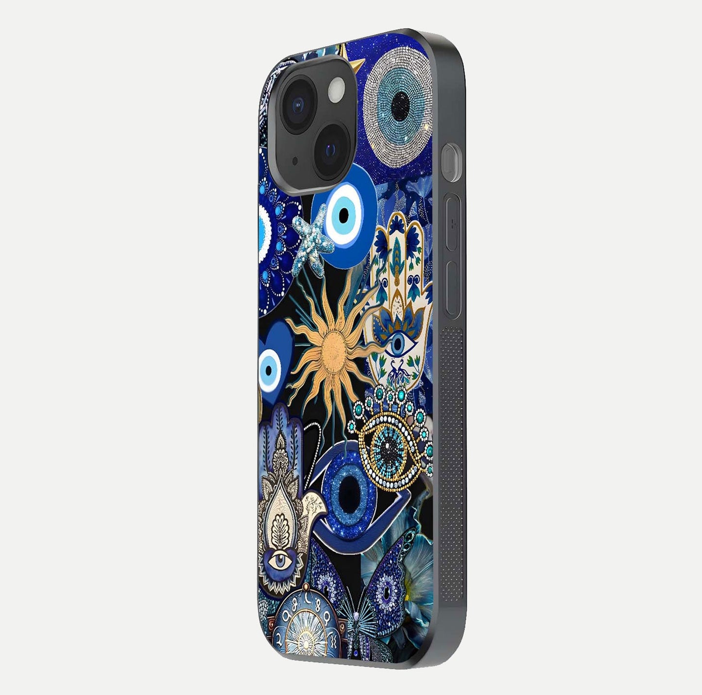 Mystic Blue Evil Eye Glass Case for iPhone 15 side-angle image showing smooth gloss and charm design