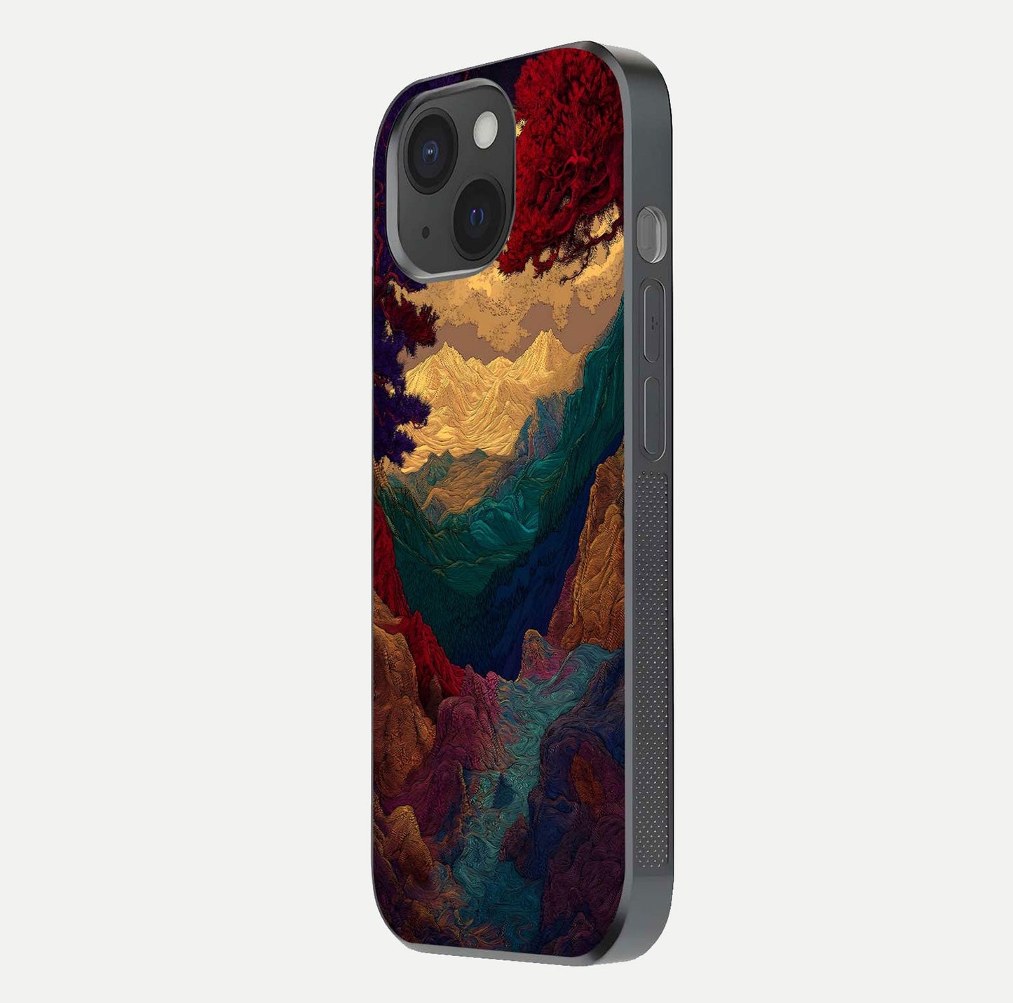 Mystic Valley Light Glass Case for iPhone 15 side-angle image showing shine and peaceful hues