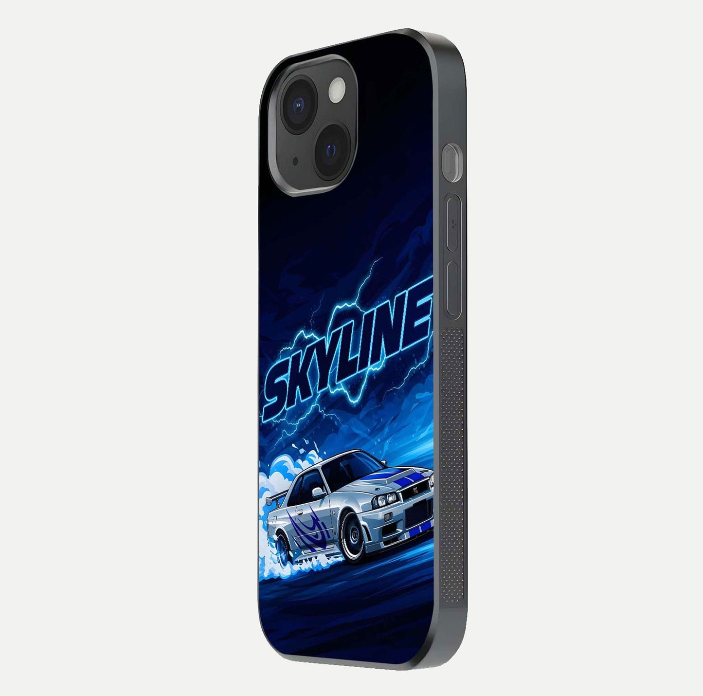 Neon Drift Beast Glass Case for iPhone 15 side-angle image showing reflection depth and bold neon tones
