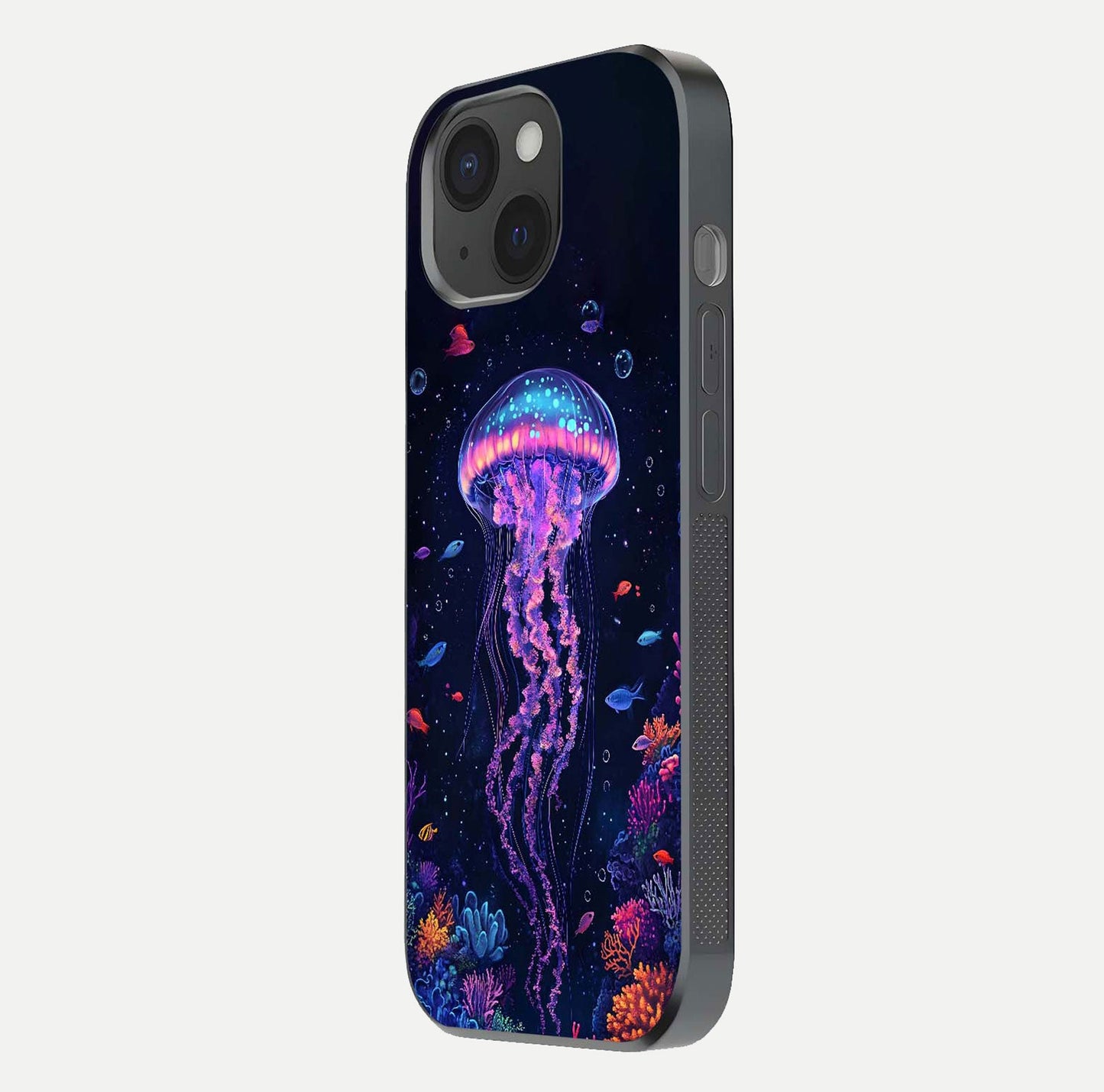 Neon Jellyfish Glass Case for iPhone 15 side-angle image showing reflection and oceanic light detailing