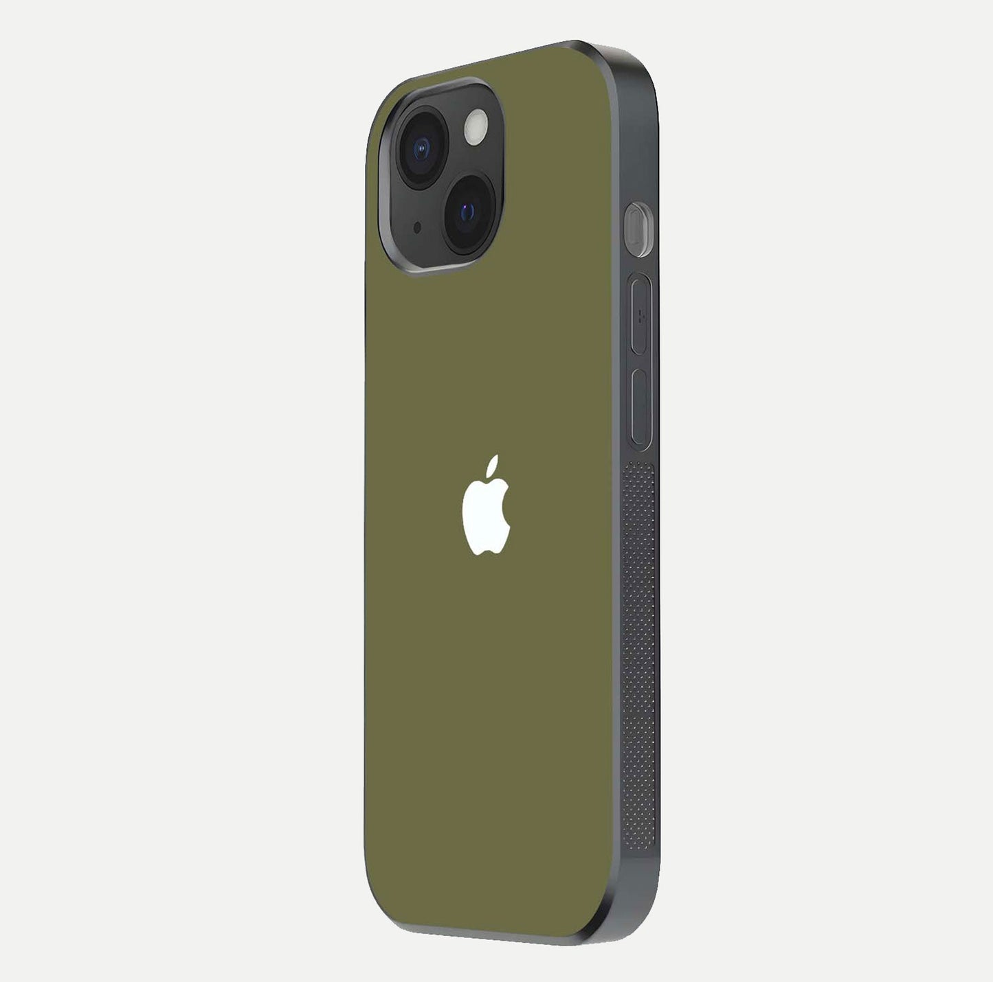 Olive Matte Essence Glass Case for iPhone 15 side-angle image showing soft hue and elegant smooth surface