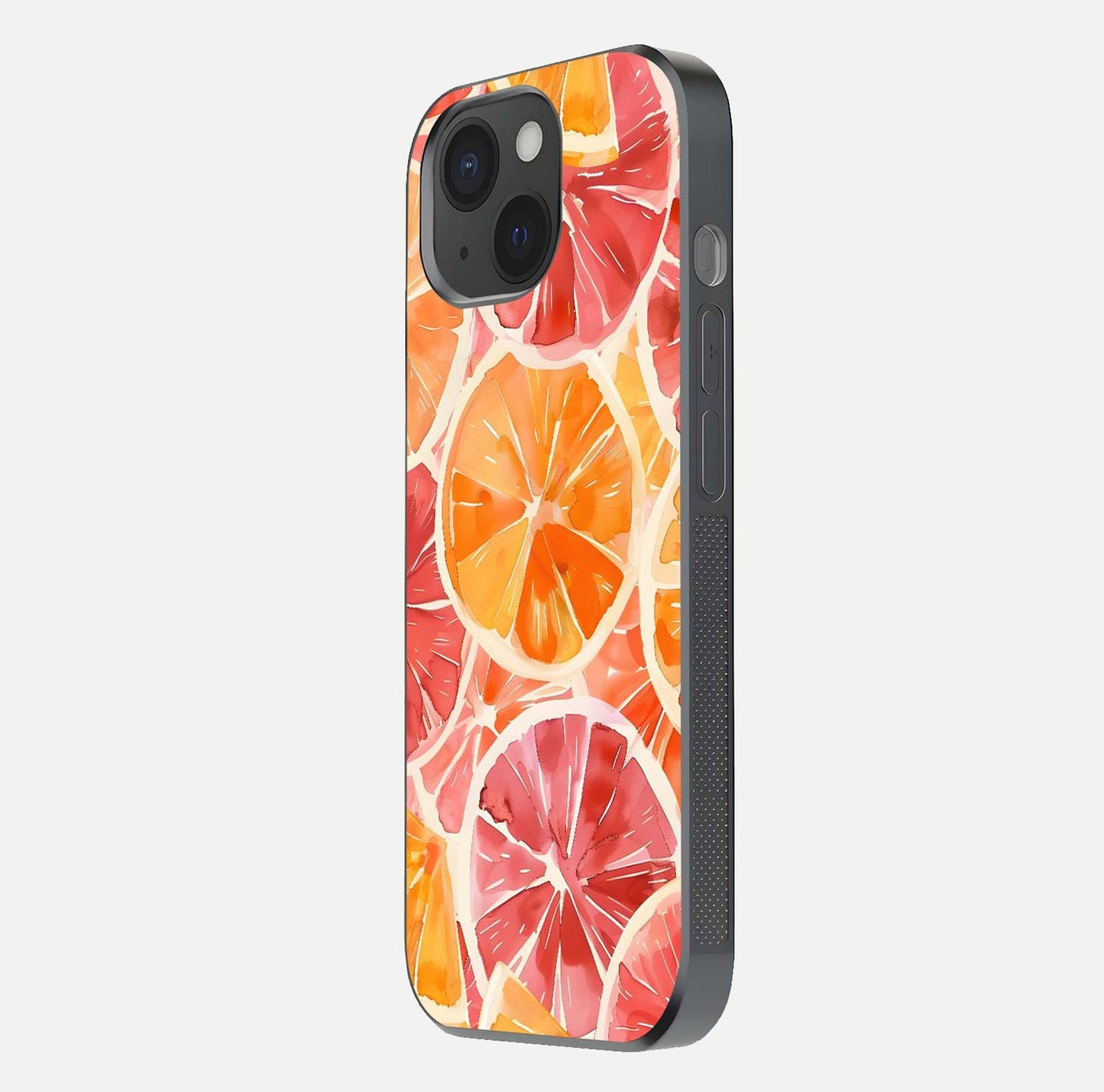 Orange Fruits Pattern Glass Case for iPhone 15 side-angle image showing glossy shine and citrus pattern