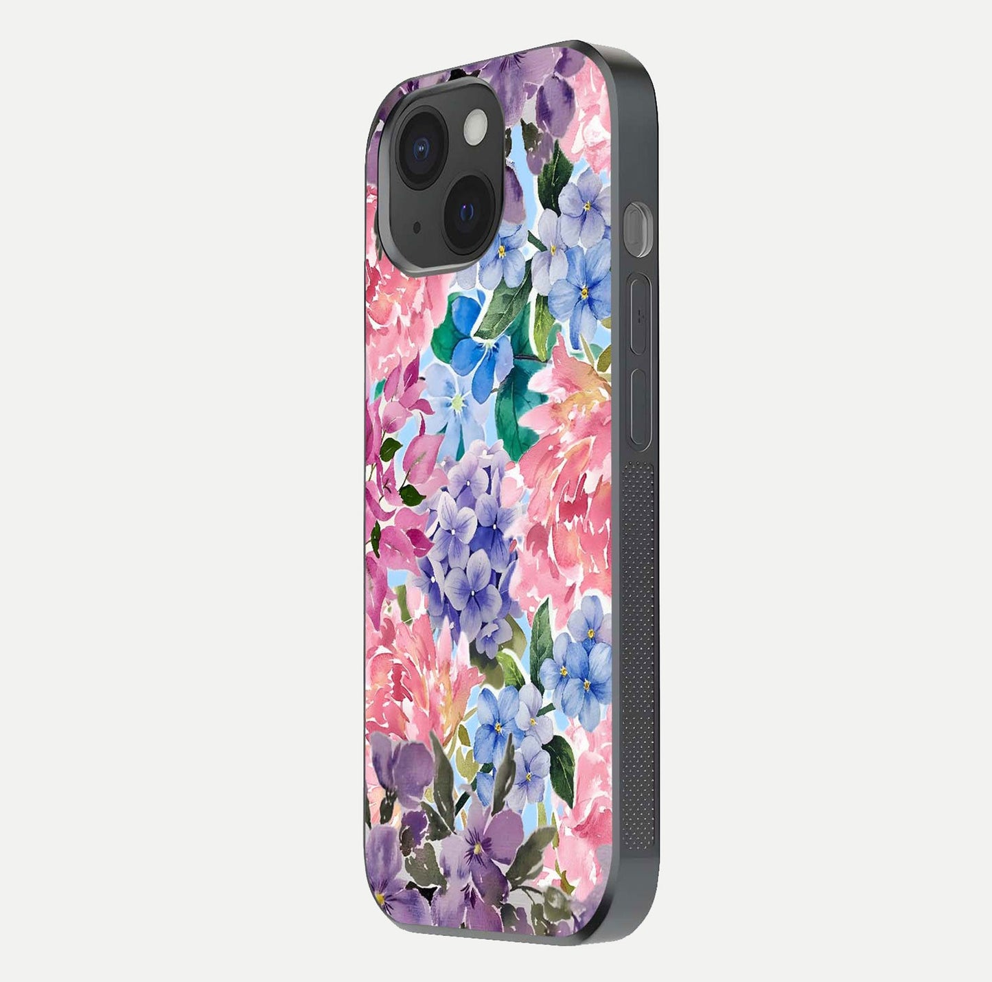 Pastel Floral Mix Glass Case for iPhone 15 side-angle image showing reflection and delicate pastel hues