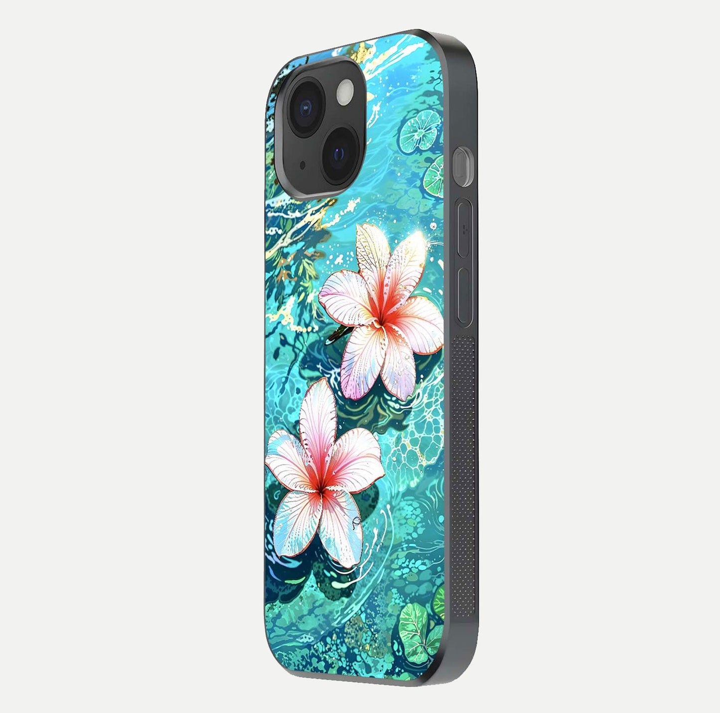 Pink Flowers in Water Glass Case for iPhone 15 side-angle image showing reflection and depth of detail