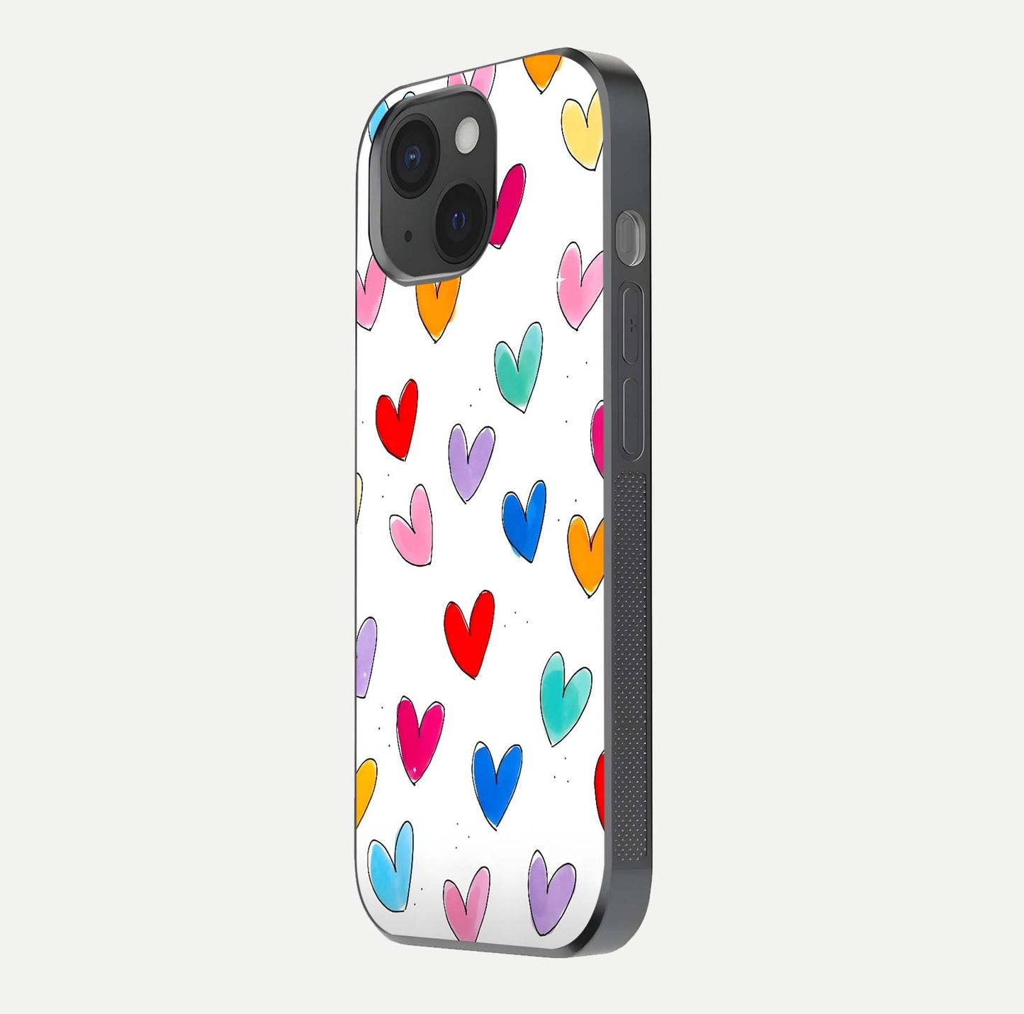 Playful Love Doodles iPhone 15 glass phone case side profile view focusing on smooth frame and seamless wrap
