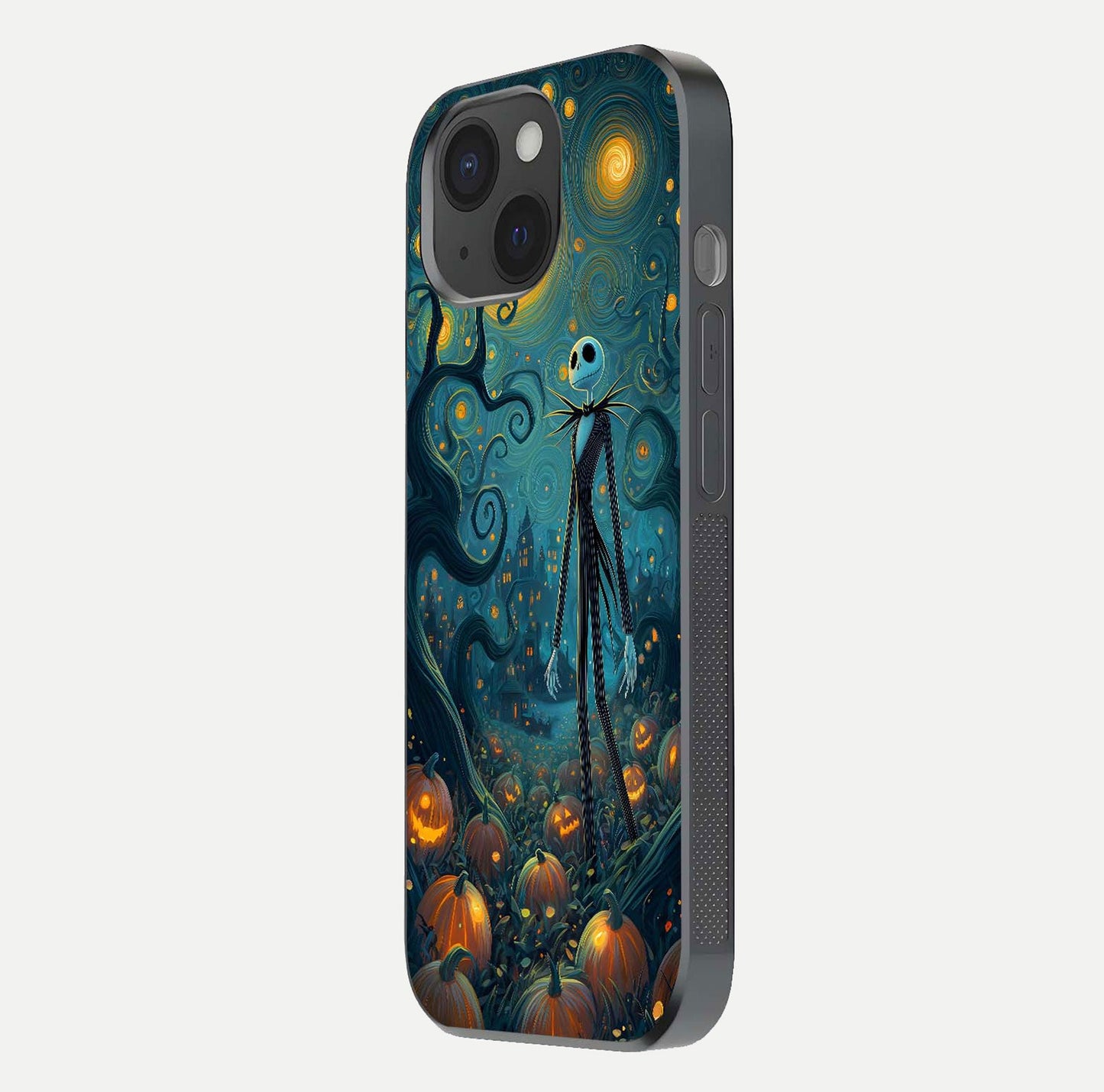Pumpkin Moonlight Tale Glass Case for iPhone 15 side-angle image showing glow texture and Halloween vibe