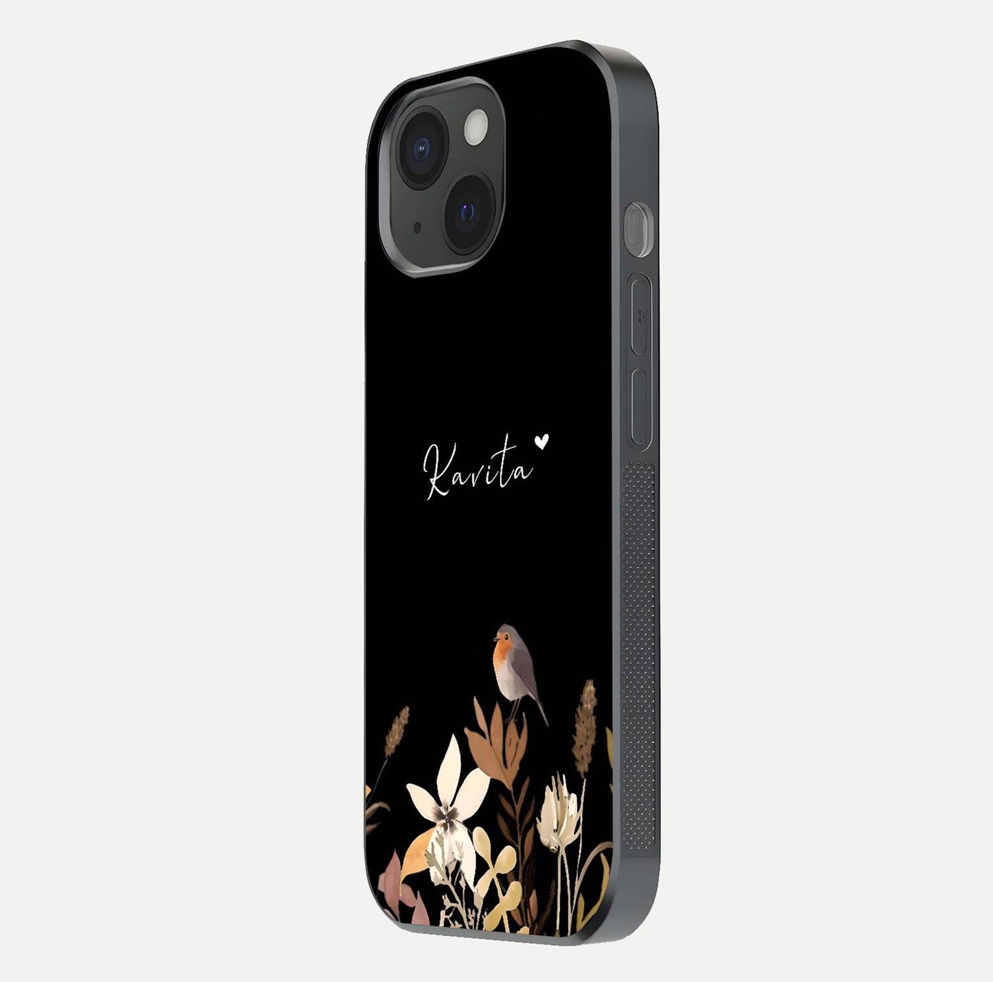 Quiet Garden Tune Custom Name Glass Case for iPhone 15 side-angle image showing reflection and floral design
