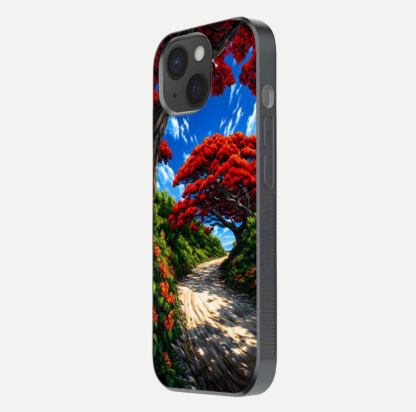 Red Trees Pathway Glass Case for iPhone 15 side-angle image showing reflection and autumn vibe