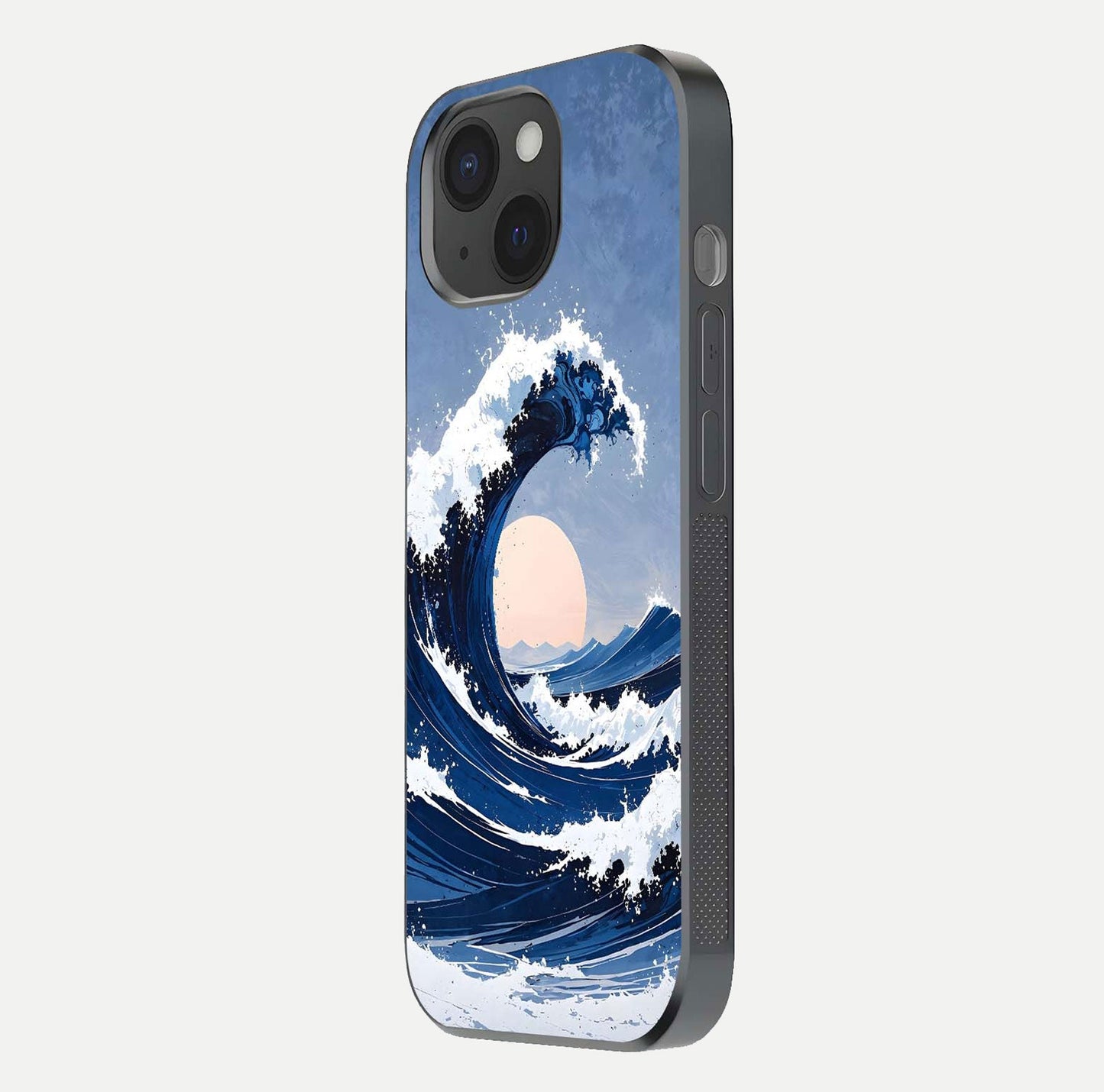 Rising Tide Power Glass Case for iPhone 15 side-angle image showing shine and detailed ocean art