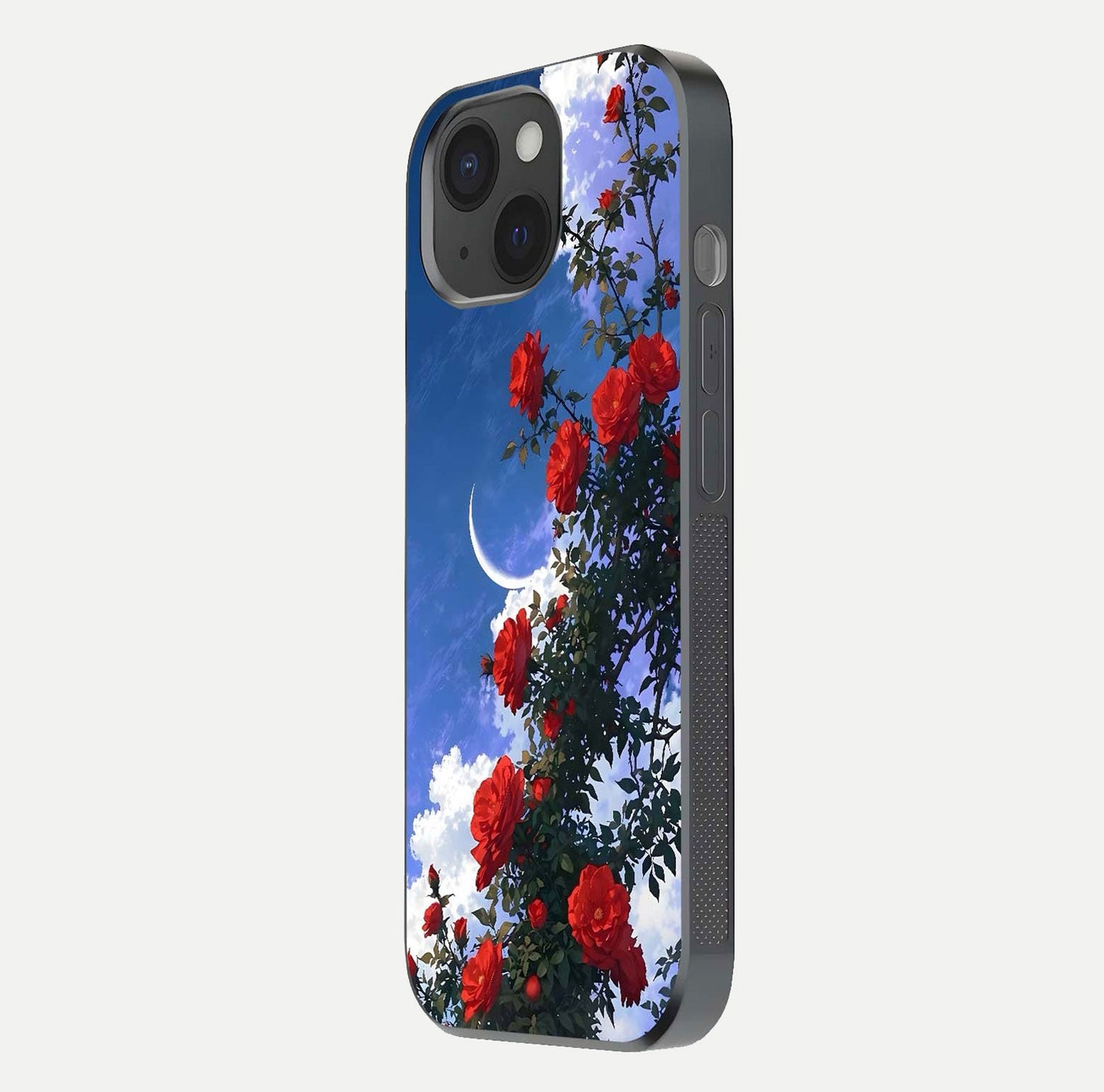 Rose Drift Flowers Glass Case for iPhone 15 side-angle image showing reflection and petal detail