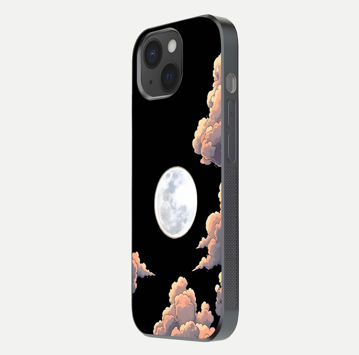 Shade Cloud Moon Glass Case for iPhone 15 side-angle image showing reflection and night-sky detail