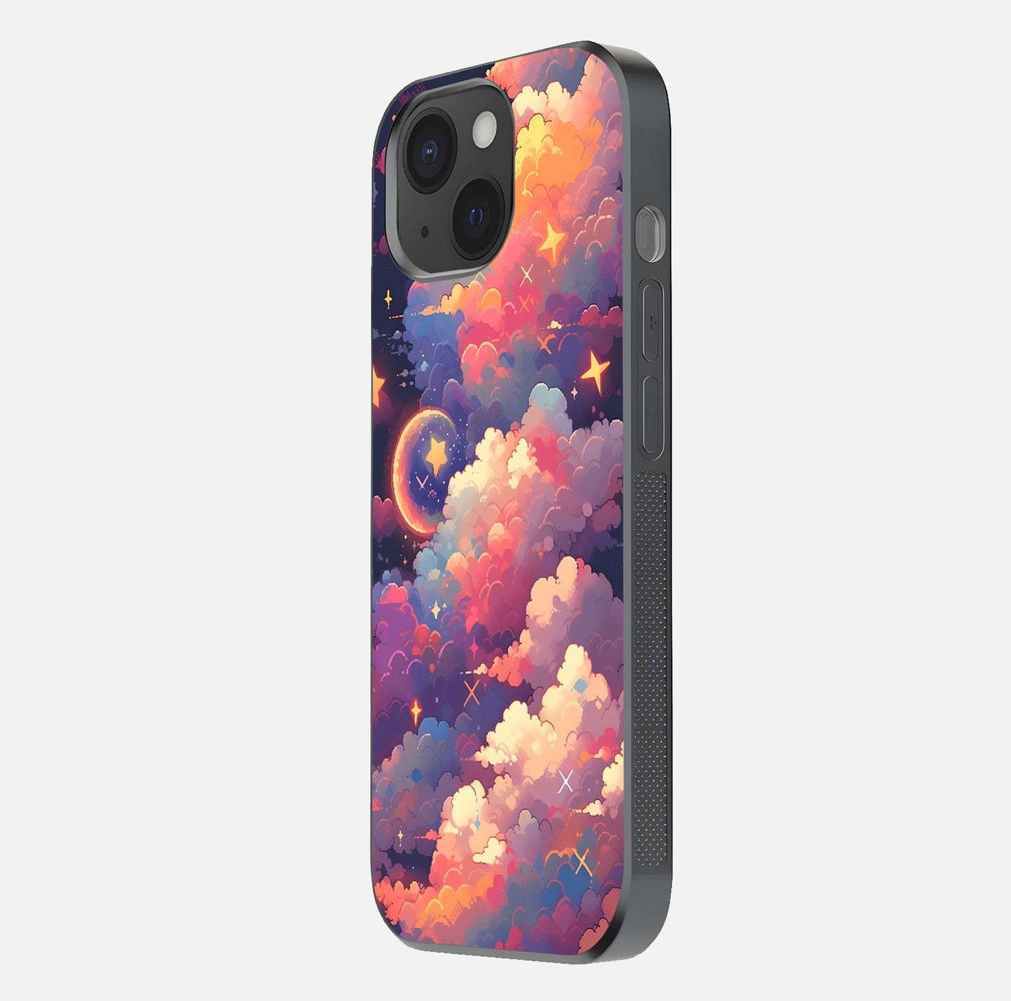 Starlit Dream Clouds Glass Case for iPhone 15 side-angle image showing shine, reflection, and dreamy tones