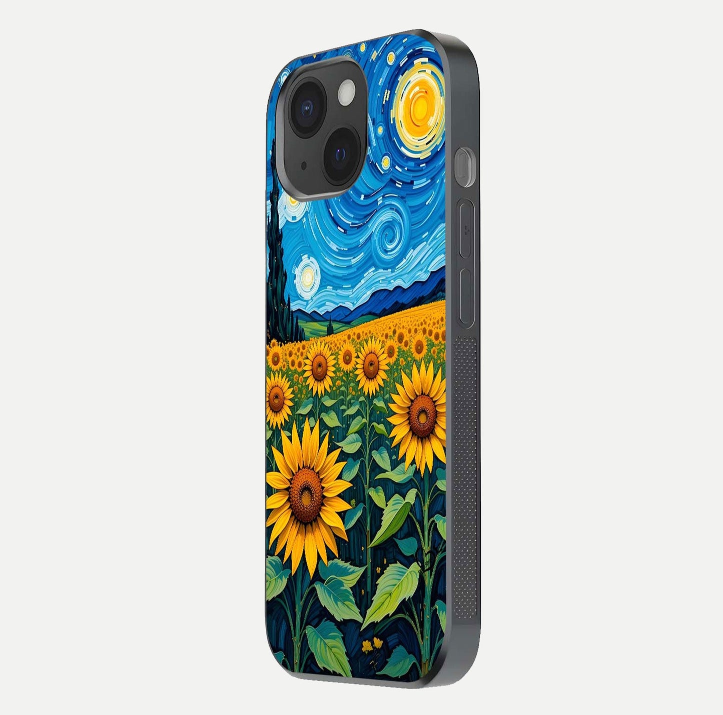 Starry Sunflower Dreams Glass Case for iPhone 15 side-angle image showing reflection, stars, and yellow tone