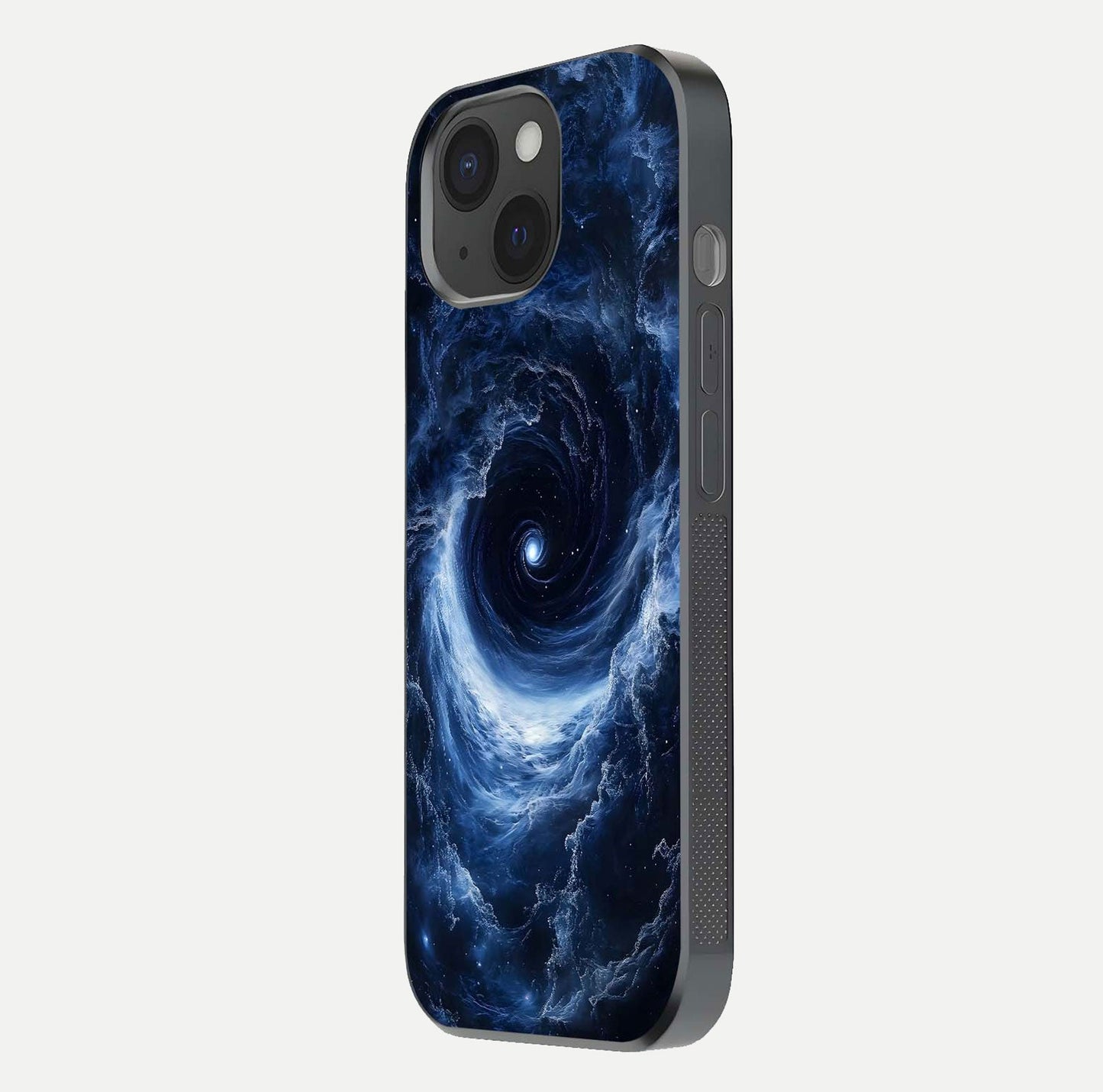 Stunning Galaxy Glass Case for iPhone 15 side-angle image showing glossy reflection and space detailing