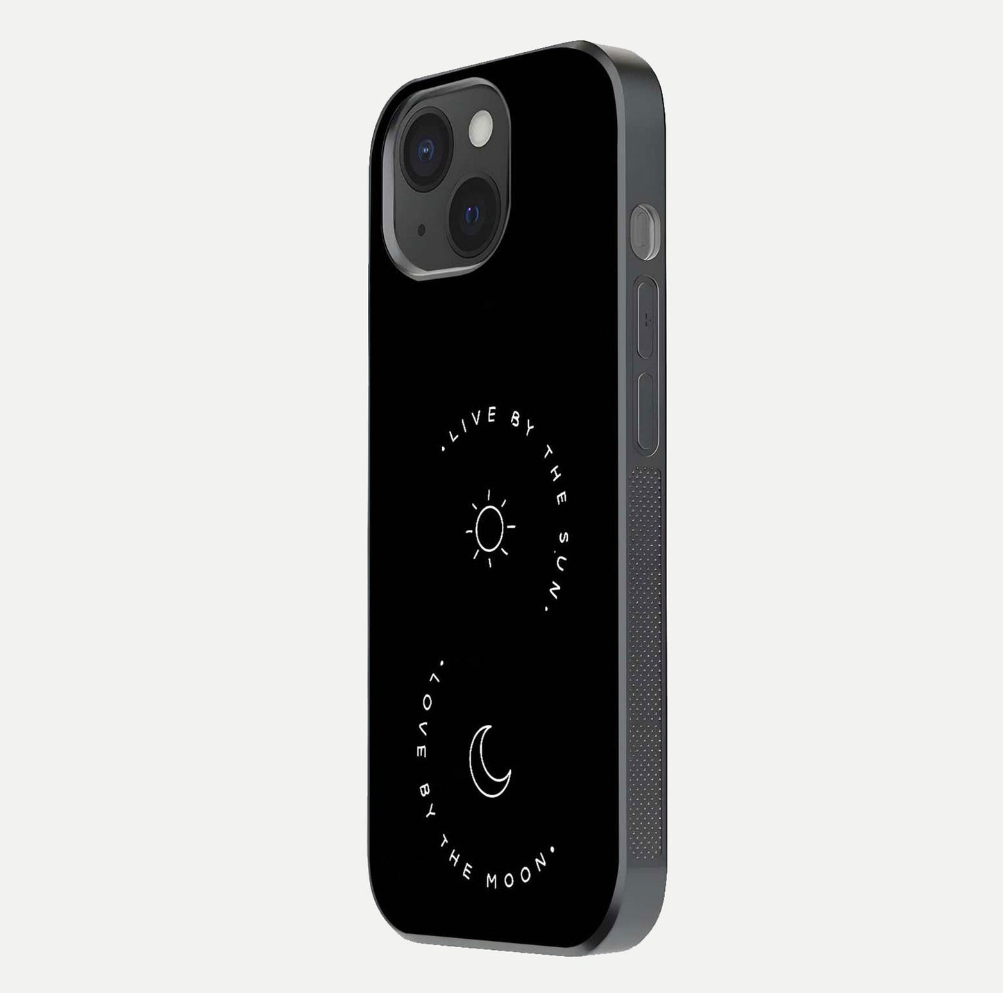 Sun Moon Balance Glass Case for iPhone 15 side-angle image showing reflection and celestial detailing