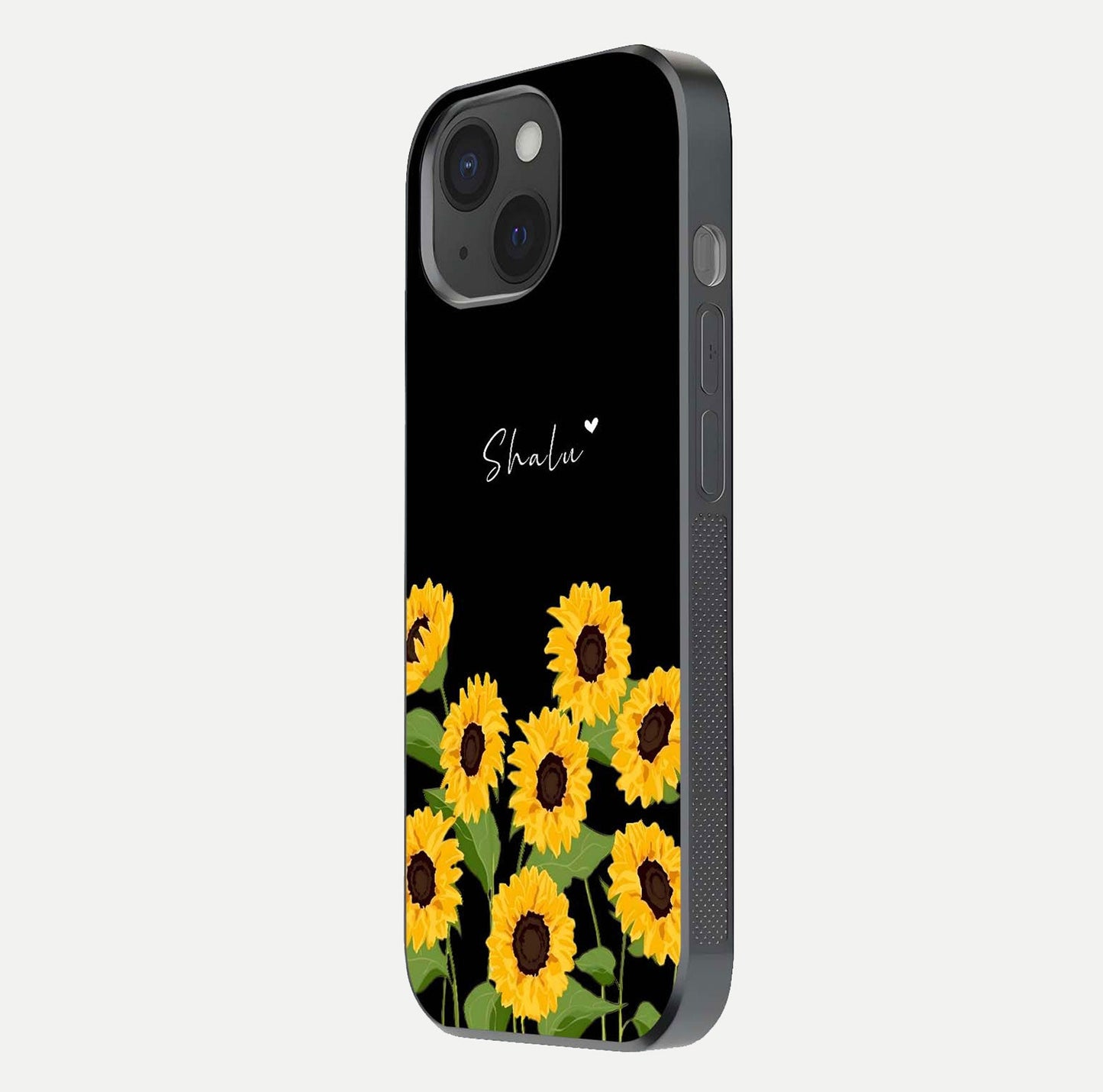 Sunflower Chic Mood Custom Name Glass Case for iPhone 15 side-angle image showing reflection and yellow floral tone