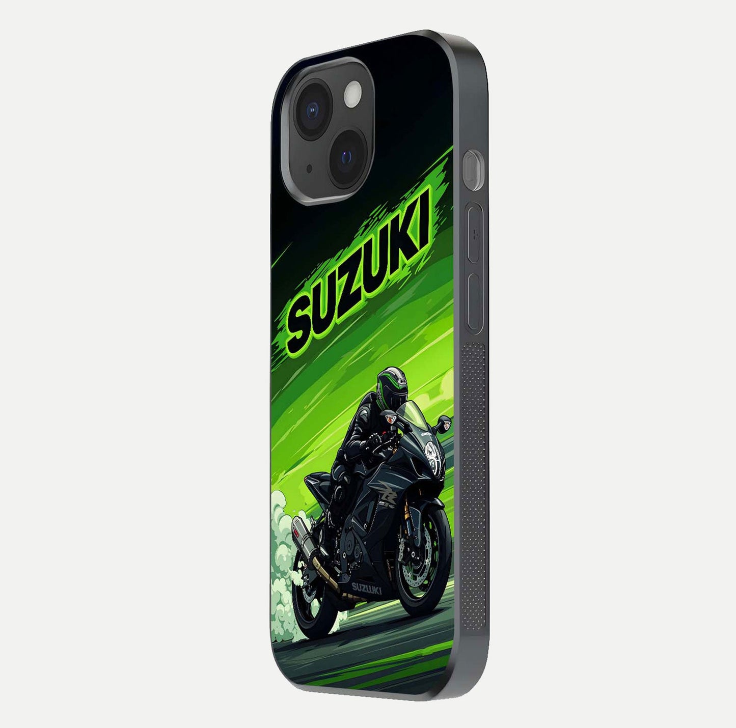 Suzuki Speed Beast Glass Case for iPhone 15 side-angle image showing reflection, gloss, and car detailing