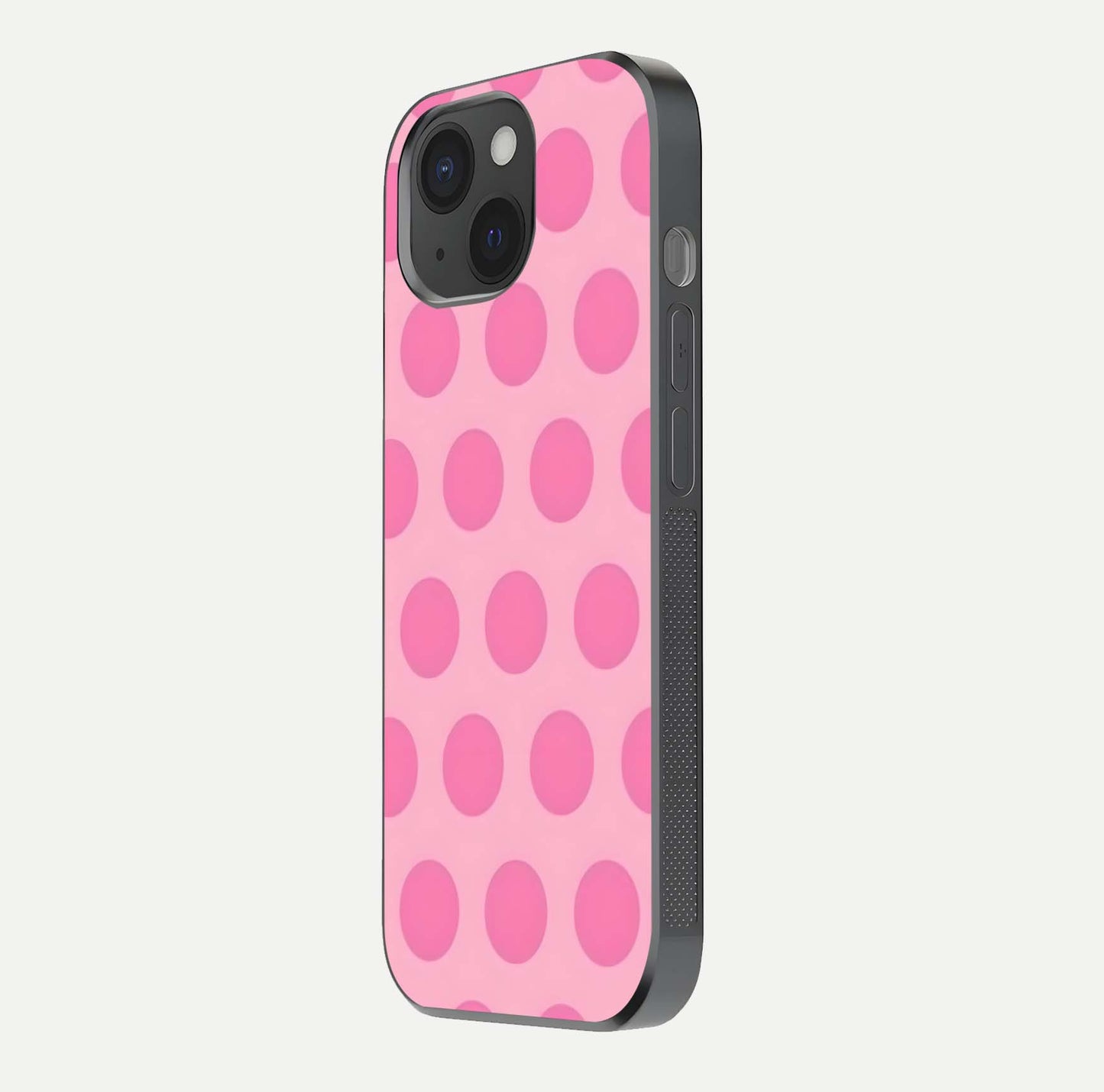 Sweet Dot Dreams iPhone 15 glass phone case side profile view focusing on sleek edges and seamless wrap