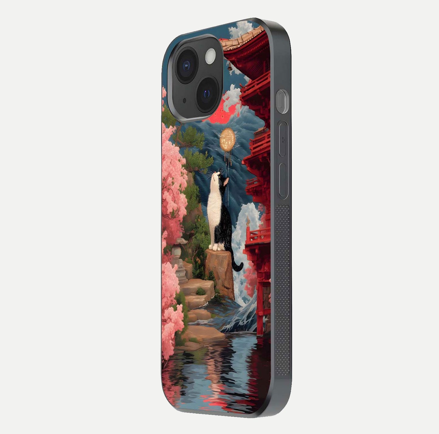 Temple Cat Scenery Glass Case for iPhone 15 side-angle image showing shine and printed temple pattern