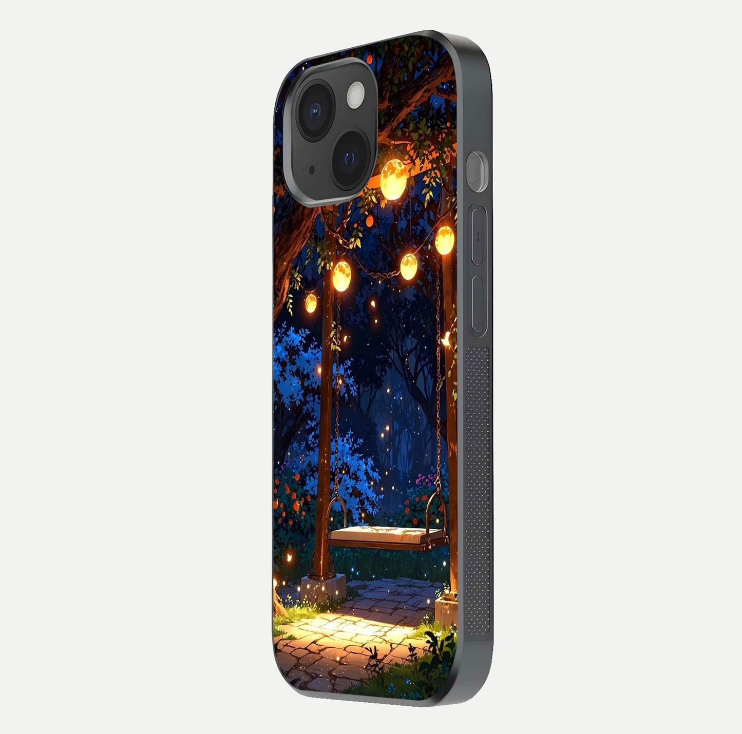 Twilight Garden Swing Glass Case for iPhone 15 side-angle image showing reflection, gloss, and scenic depth