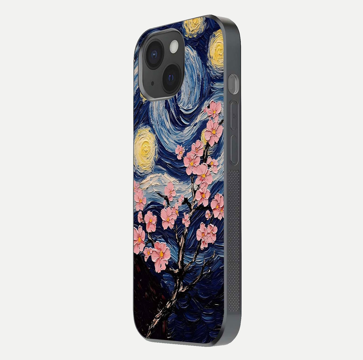 Van Gogh Scenery Glass Case for iPhone 15 side-angle image showing shine, gloss, and scenic color palette
