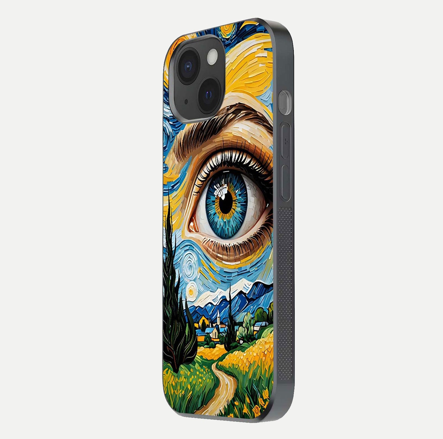 Van Gogh Eye Glass Case for iPhone 15 side-angle image showing reflection, gloss, and artistic contrast